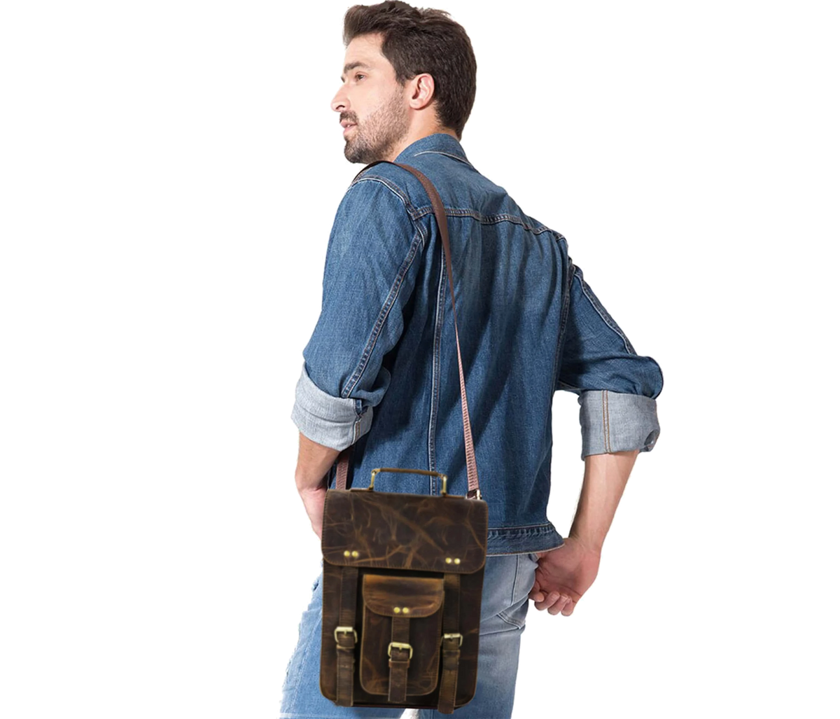 This Image Features A Man Stylishly Showcasing Premium Leather Crossbody Bag, Highlighting Its Everyday Versatility And Sleek, Professional Appeal. Worn Comfortably Over The Shoulder, It Demonstrates An Adjustable Strap Ideal For Both Casual Semi-formal Wear. Dark Brown Distressed Finish Offers Rugged Yet Refined Look, While Compact Design Ensures Ease Of Movement. Customized, Personalized Gift Men—perfect Carrying Essentials Like Tablet, Phone, Wallet, Or Notebook. Birthdays Graduations.