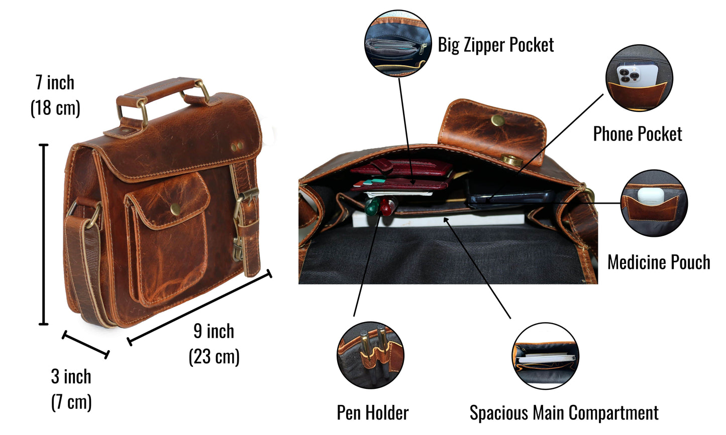 This Image Showcases The Compact Yet Functional Design Of A Handcrafted Leather Satchel Bag, Measuring 9" X 7" 3". Made From Premium Buffalo Leather, It Combines Rugged Durability With Timeless Style. Side Profile Highlights Its Structured Build And Convenient Top Handle For Easy Carrying. Inside, Features Spacious Main Compartment, Large Zippered Pocket Secure Storage, Dedicated Phone Slot, Medicine Pouch. Customized, Personalized Gift Men Women—ideal Birthdays Or Graduations.