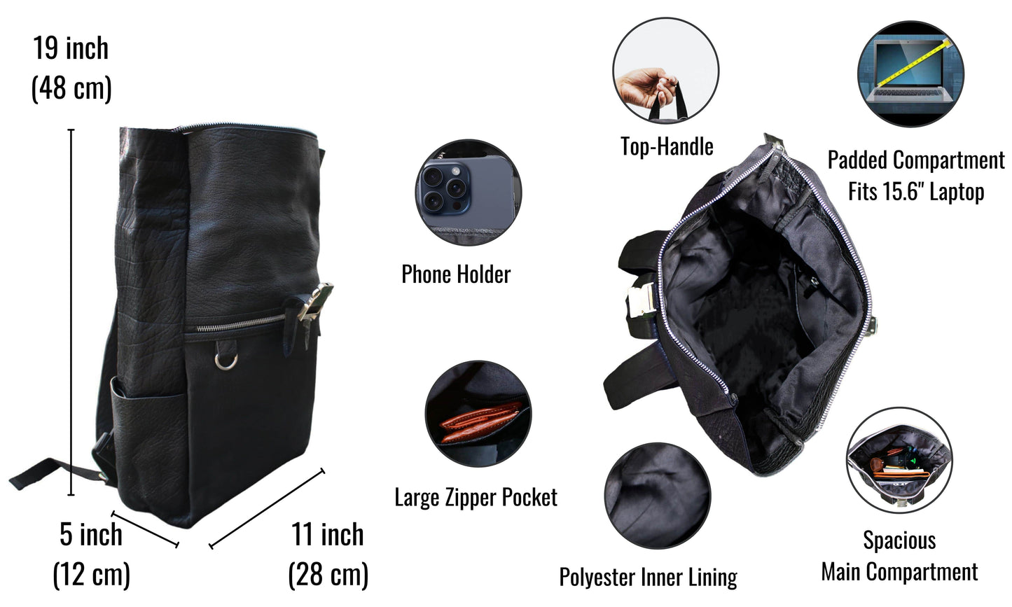 This Sleek Black Leather Backpack From Jaald Is A Perfect Personalized Or Customized Gift For Men And Women—ideal As Graduation Gift, Birthday Everyday Essential. Expertly Designed Modern Professionals Travelers, It Measures 19" X 11" 5" (48 Cm 28 12 Cm) Features Spacious Main Compartment With Padded Sleeve Laptops Up To 15.6". Durable Polyester Lining, Phone Holder, Zippered Pocket, Side Compartments, Premium Full-grain Top Handle, Combines Timeless Style Lasting Functionality.