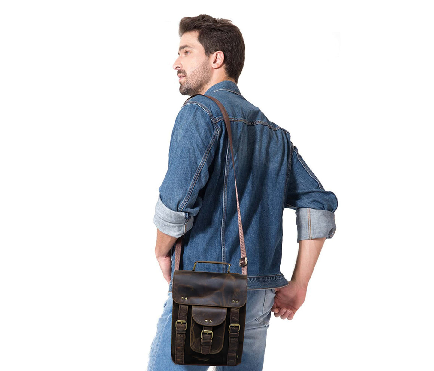 This Image Showcases A Stylish Man Wearing Vintage Leather Sling Bag Across His Back. Crafted From Genuine Buffalo Leather, It Features Rich Dark Brown Patina, Brass Hardware, And Buckle Detailing—complementing Casual Denim-on-denim Outfit. The Crossbody Style Ensures Comfort Security, Ideal For Travel Or Everyday Use. Compact Yet Spacious, Customized Blends Rugged Charm With Modern Utility—a Perfect Personalized Gift Men Women, Great Birthdays Graduations