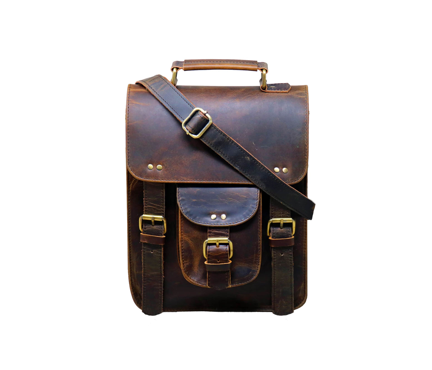 This Image Showcases A Rugged, Stylish Vintage Dark Brown Leather Sling Bag, Handcrafted From 100% Genuine Buffalo Leather. Featuring Classic Flap With Concealed Push Lock And Brass-polished Hardware, It Blends Charm Durability. Front Quick-access Pocket, Dual Buckle Straps, Adjustable Shoulder Strap Ensure Function Comfort. Top Handle For Versatility, Customized Unisex Bag Makes Perfect Personalized Gift Men Women ideal Birthdays, Graduation, Or Casual Use.