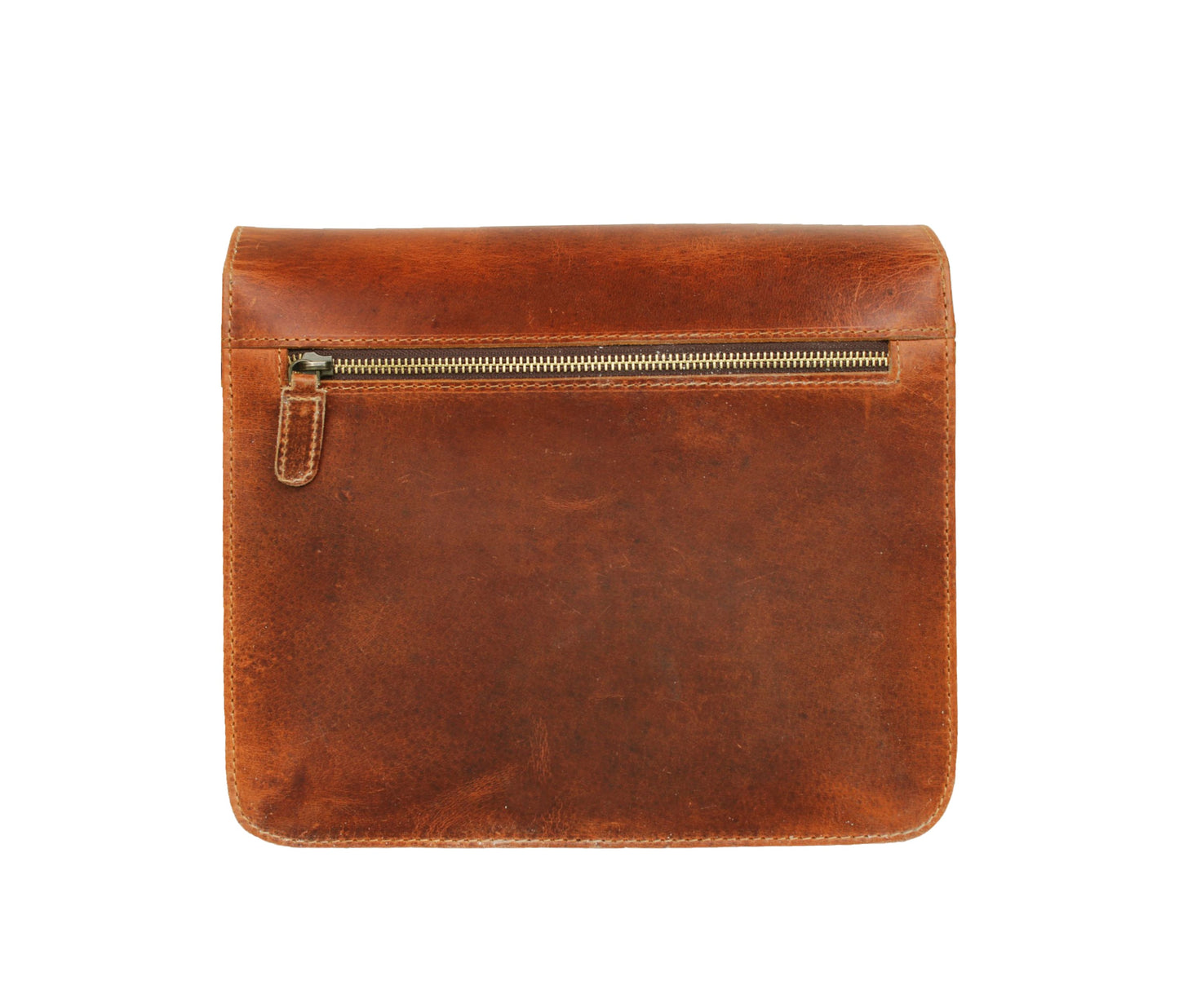 This image displays the back view of a handcrafted leather messenger or portfolio bag, emphasizing its rich, full-grain brown exterior. The natural texture and patina offer vintage, rugged charm, while design remains sleek minimalist. A single horizontal zippered pocket provides easy access to frequently used items like documents, cards, phone, adding both style practicality. high-quality zipper with pull tab complements overall classic aesthetic. Durable timeless, this bag is perfect for professionals