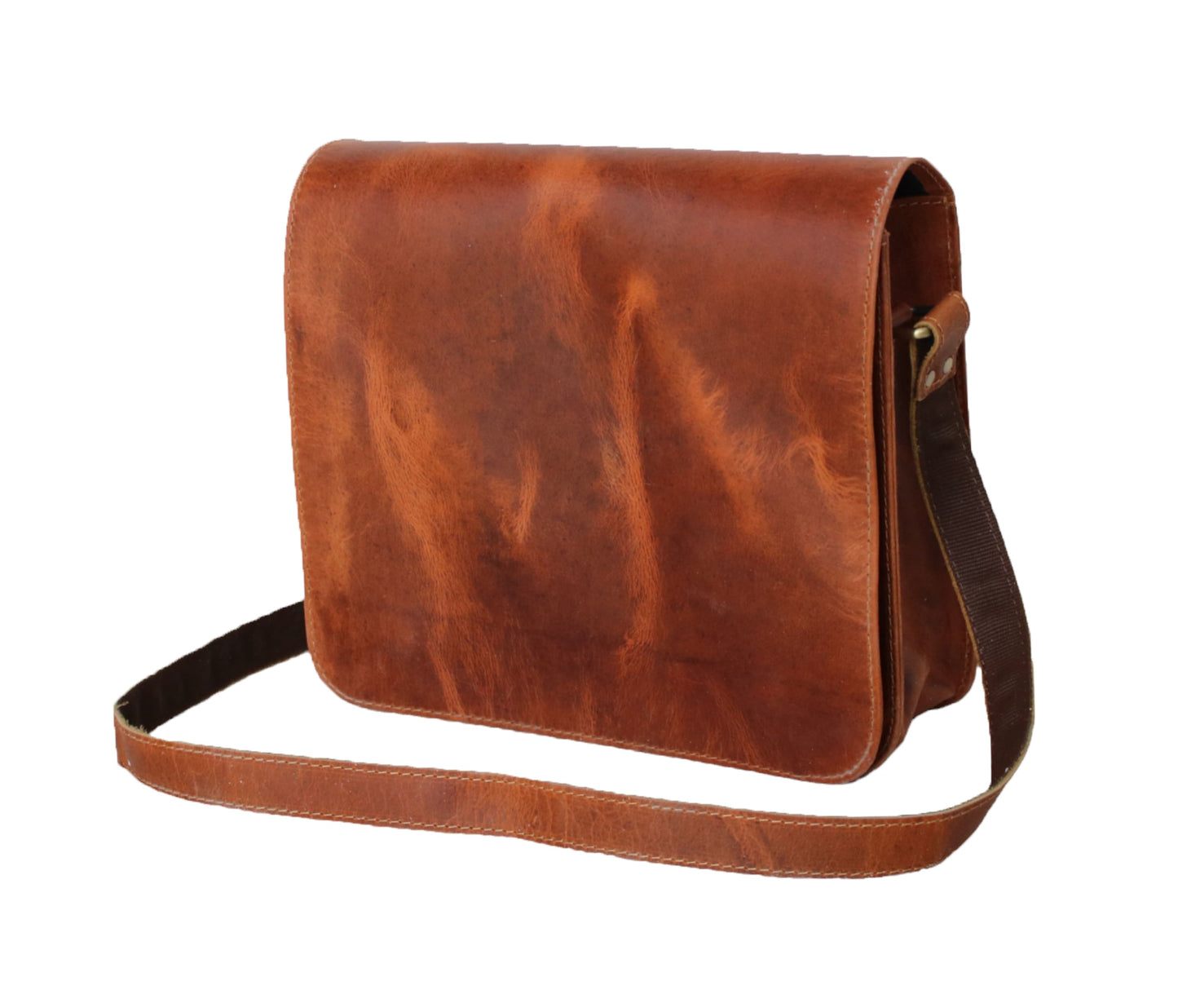 This Picture Highlights The Thoughtful Design And Functionality Of A Handcrafted Leather Messenger Bag By Showcasing Its Neatly Organized Interior. It Has Several Compartments To Store Necessities Like Journal, Smartphone, Eyeglass Case, Pens, Tech Accessories. Is Lined With Sturdy Black Fabric. Rich Tan Structured Silhouette, Piece Makes Stylish Personalized Customized Gift For Men Women—ideal As Birthday Gift, Graduation Or Everyday Elegant Companion.