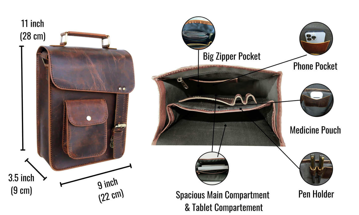 This Compact Leather Messenger Bag, Sized 11" X 9" 3.5", Is Handcrafted From 100% Genuine Buffalo Leather. Featuring A Tablet Sleeve, Smart Pockets, And Rugged Yet Sleek Design, It’s Ideal For Work, Travel, Or Daily Use. Timeless Crossbody Satchel That Combines Structure With Style, It Makes Perfect Personalized Gift Men Women, Thoughtful Graduation Gift, Stylish Birthday Gift.