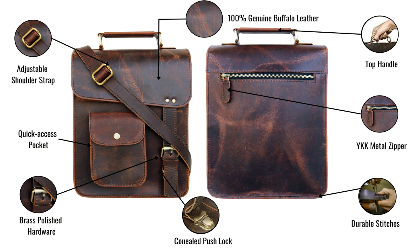 This Genuine Leather Messenger Bag Features A Spacious Main Compartment For Tablets, Books, Phones, And Essentials—perfect Travel Or Work. With Smart Interior Layout Including Zipper Pocket, Pen Holder, Phone Pouch, It Blends Rugged Charm Modern Function. Crafted From 100% Buffalo Leather, Customized Satchel Makes Thoughtful Gift Men Women—an Ideal Graduation Gift, Birthday Stylish Companion Students Professionals.