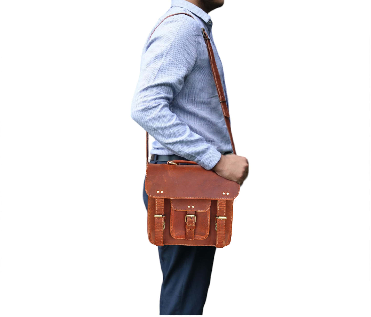 This Image Showcases The Back View Of A Premium Genuine Buffalo Leather Messenger Bag, Featuring Rich Brown Finish And Smooth Natural Texture. Ykk Metal Zipper Ensures Secure, Easy Access To Essentials Like Documents Or Passports. Designed With Sturdy Top Handle For Briefcase-style Carrying, It Blends Durability, Elegance, Practicality. Customized, Personalized Gift Men Women—perfect Birthdays, Graduation Gifts, Daily Office Use