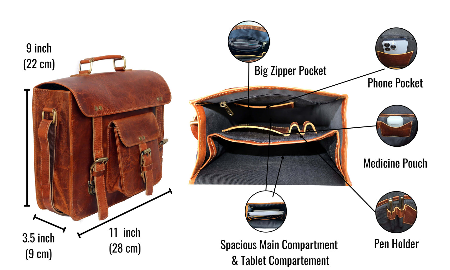 This Vintage-style Buffalo Leather Crossbody Bag Features A Compact Yet Spacious Design With Tablet Compartment, Large Zipper Pocket, Phone Slot, Medicine Pouch, And Pen Holder For Organized Daily Use. Measuring 11 X 9 3.5 Inches (28 22 Cm), It's Handcrafted From 100% Genuine Leather—ideal Professionals Travelers. Personalized, Customized Gift Men Women—perfect Birthdays, Graduations, Or Office