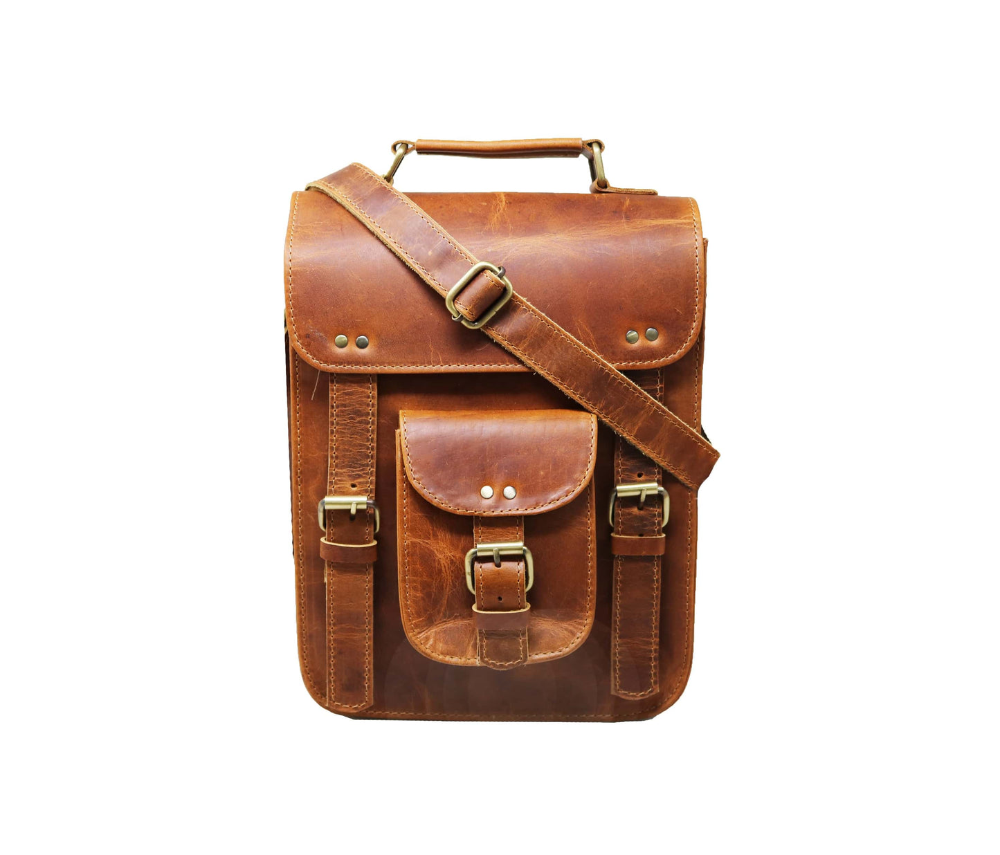 This Beautifully Crafted Vintage-style Leather Satchel, Made From Rich Full-grain Buffalo Leather, Is A Perfect Personalized And Customized Gift For Men Women. Featuring Rugged, Structured Design With Warm Brown Tone Natural Grain, It Offers Secure Flap Closure Dual Buckle Straps Functional Front Pocket. The Adjustable Shoulder Strap Ensures Comfort Versatility—ideal As Thoughtful Graduation Or Birthday Gift.