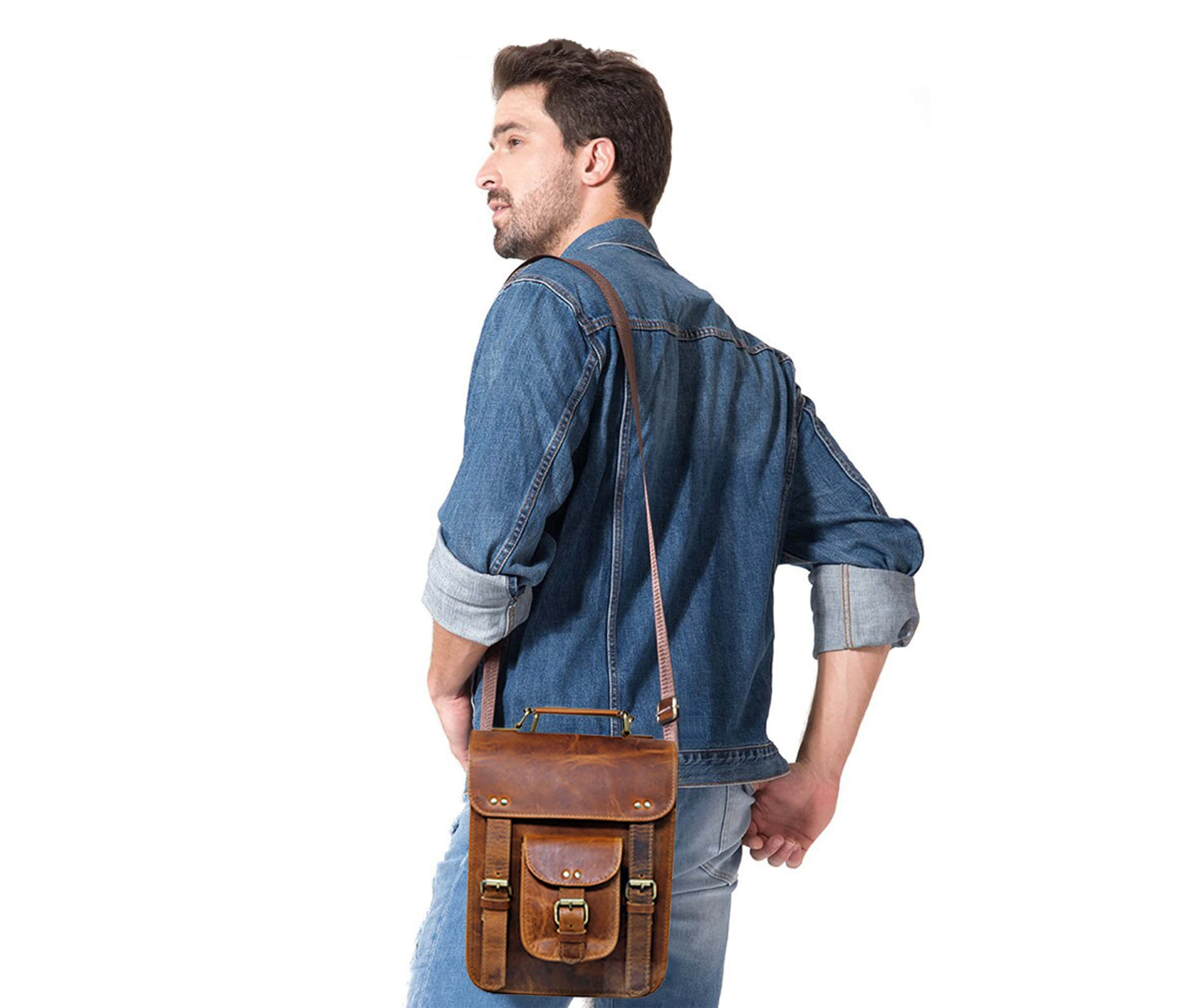 This Image Features A Man Wearing Stylish Vintage Leather Sling Bag, Crafted From 100% Genuine Buffalo With Rich, Distressed Finish. Its Compact Design Includes Dual Buckle Straps, Quick-access Pocket, And Adjustable Shoulder Strap For Comfort. Blend Of Rustic Charm Everyday Utility, It Makes Perfect Personalized Or Customized Gift Men Women—ideal As Birthday Gift, Graduation Timeless Companion.