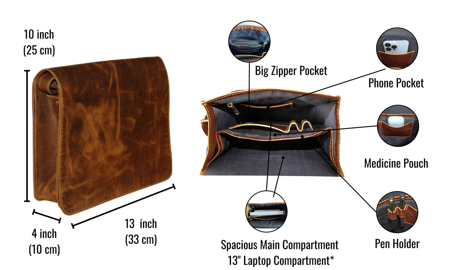 This Compact Leather Messenger Bag Measures 13" X 10" 4" (33 25 10 Cm) And Features A Spacious Main Compartment With Dedicated 13” Laptop Sleeve. Organized Big Zipper Pocket, Phone Medicine Pouch, Pen Holder, It’s Perfect For Professionals On The Go. Premium Personalized Gift Men Women — Ideal Birthdays, Graduations, More. Stylish, Functional, Expertly Handcrafted.
