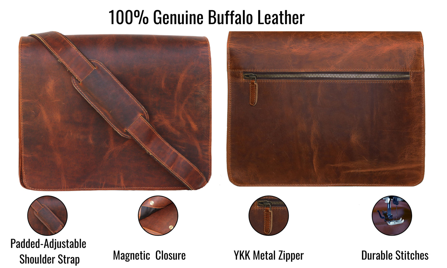 Crafted From 100% Genuine Buffalo Leather, This Durable Messenger Bag Is Built To Last. It Features A Padded, Adjustable Shoulder Strap For All-day Comfort, Strong Magnetic Closure, Premium Ykk Metal Zipper, And Reinforced Stitching Throughout. Designed Everyday Use, Combines Rugged Elegance With High Functionality — Making Standout Personalized Gift Men Women Birthdays, Graduations, Or Professional Milestones