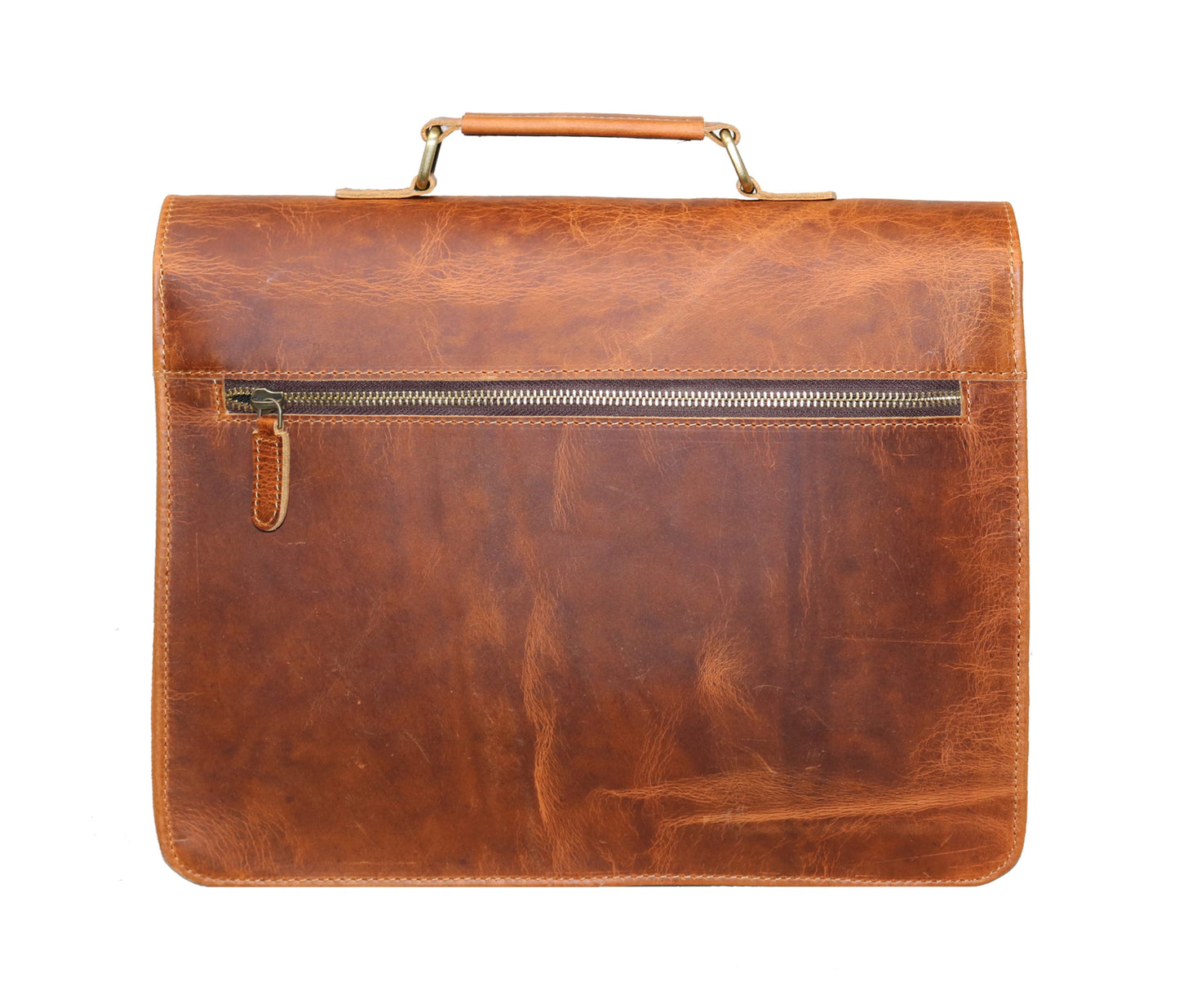 This Sleek Back View Showcases The Timeless Craftsmanship Of A Buffalo Leather Messenger Bag, Featuring Wide Ykk Metal Zipper Pocket For Secure, Quick-access Storage. Made From Premium Full-grain Leather, Its Structured Silhouette, Reinforced Stitching, And Sturdy Top Handle Reflect Durability Refined Aesthetics. Whether Commuting, Attending Meetings, Or Traveling, It Offers Extra Utility Items Like Travel Documents, Phone, Wallet. Customized, Personalized Gift Men Women—perfect Birthdays Graduations.