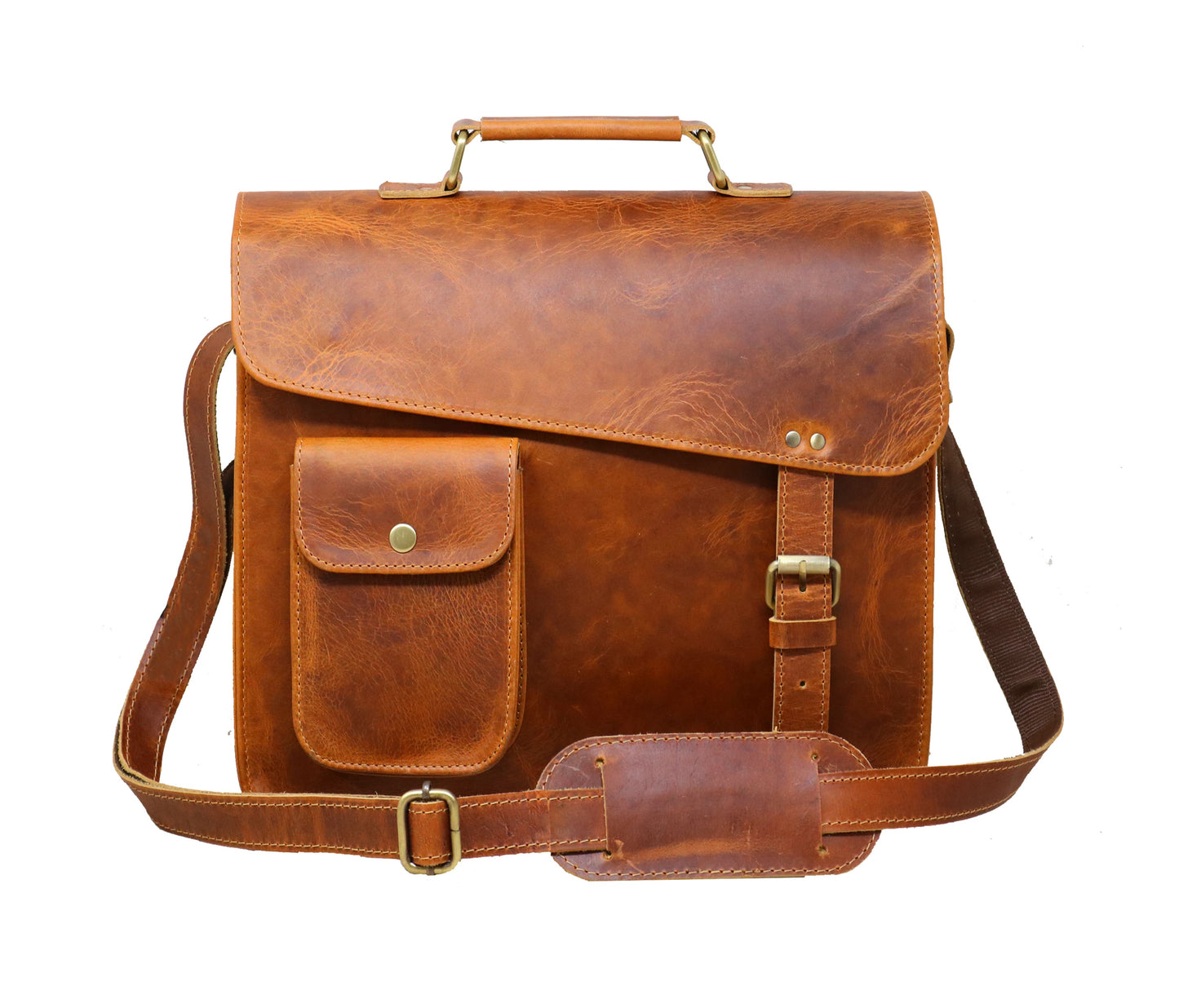 This Handcrafted Genuine Leather Messenger Bag Features A Stylish Asymmetrical Flap, Designed For Both Men And Women. Ideal For Office, College, Business Meetings, Or Travel, It Includes A Front Snap-button Pocket, Secure Buckle Closure, Adjustable Padded Shoulder Strap, And Sturdy Top Handle. Perfect For Carrying Laptops, Documents, Books, And Daily Essentials. With Its Rustic Charm, Durable Build, And Vintage Aesthetics, This Customized Bag Makes A Perfect Personalized Gift—great For Birthdays
