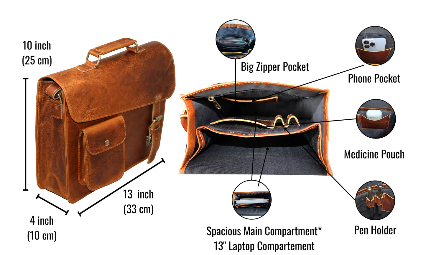 Designed With Both Style And Utility In Mind, This Handcrafted Buffalo Leather Messenger Bag Offers A Spacious, Intelligently Organized Interior. Measuring 13" X 10" 4", It Comfortably Fits Laptop, Tablet, Or Notebook Its Padded Main Compartment. Inside, Includes Large Zippered Pocket, Dedicated Phone Slot, Medicine Pouch, Three Pen Holders—all Protected By Flap Concealed Push Lock. Customized, Personalized Gift For Men Women—ideal Professionals, Students, Travelers, Birthdays, Graduations.
