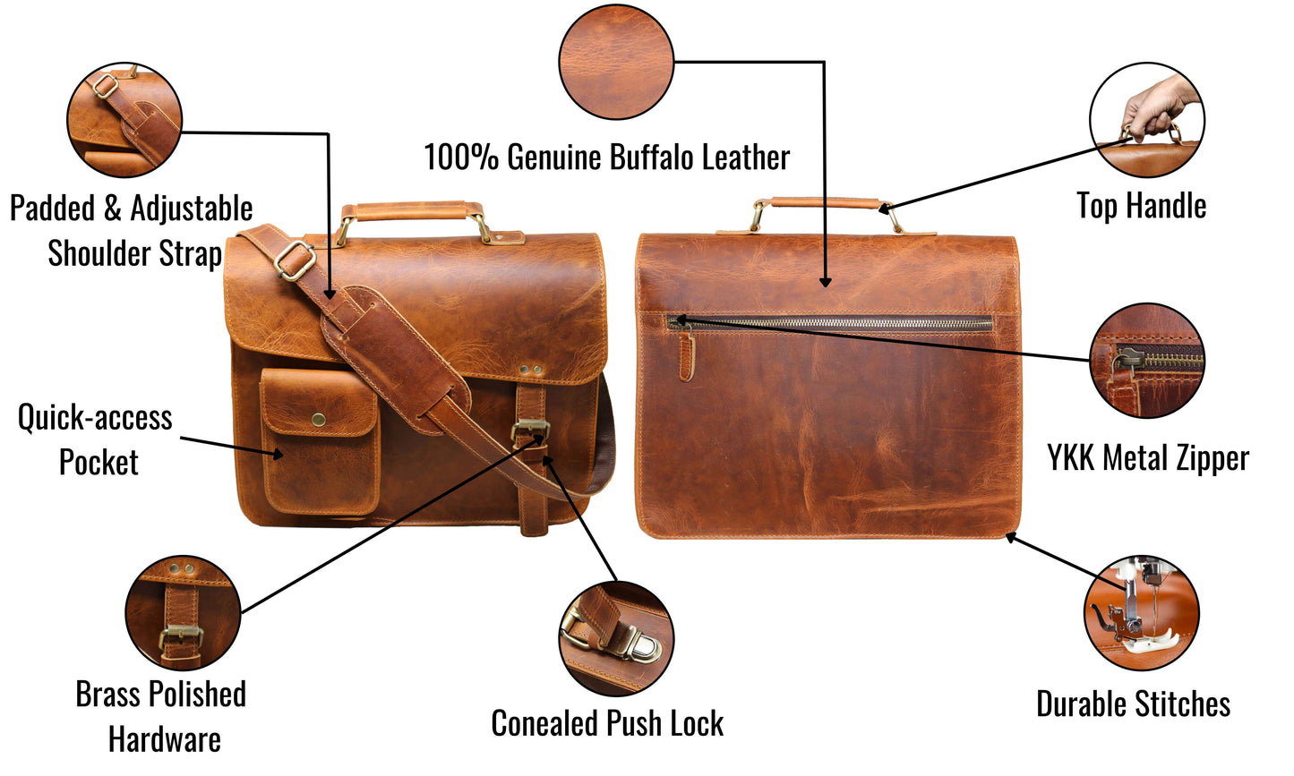 Crafted From 100% Genuine Buffalo Leather, This Premium Messenger Bag Offers The Perfect Fusion Of Rugged Durability And Timeless Elegance. Designed For Both Men Women, It Features A Padded Adjustable Shoulder Strap, Top Handle, Concealed Push Lock Beneath Flap Added Security. Quick-access Front Pocket Spacious Interior Provide Everyday Practicality, While Durable Ykk Metal Zipper Polished Brass Hardware Reflect High Craftsmanship. Customized, Personalized Gift—ideal Birthdays Or Graduations.
