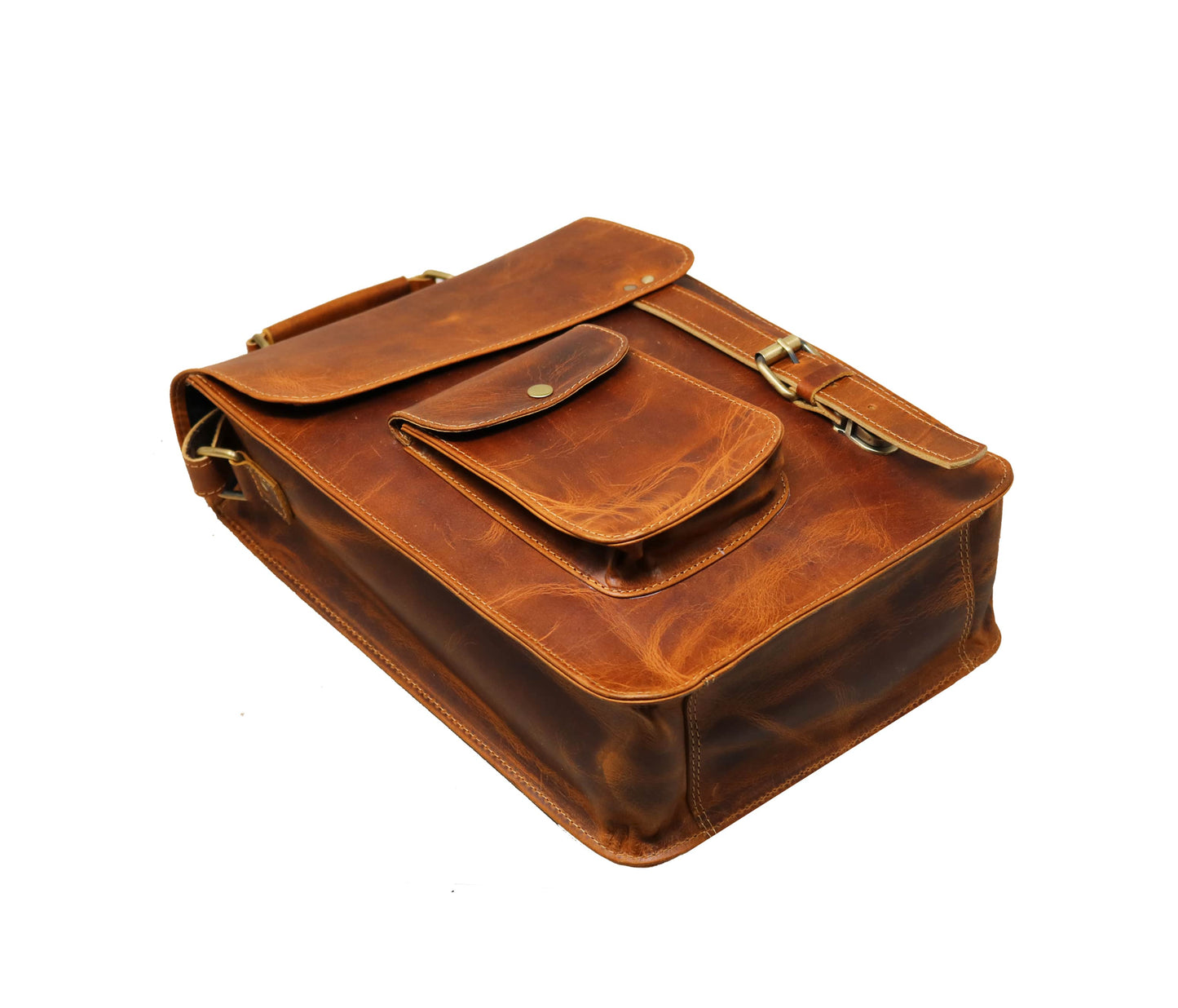 This Angled Flat-lay View Captures The Rugged Elegance Of A Handcrafted Leather Crossbody Bag, Featuring Rich Distressed Tan Finish, Detailed Stitching, And Premium Structure. With Its Gusseted Base, Secure Snap-button Front Pocket, Solid Brass Buckle Strap, It Offers Ample Room For Tablets Essentials. Perfect Personalized Gift Men Women, Makes Thoughtful Birthday, Graduation, Or Customized Everyday Gift—blending Timeless Style Lasting Durability.
