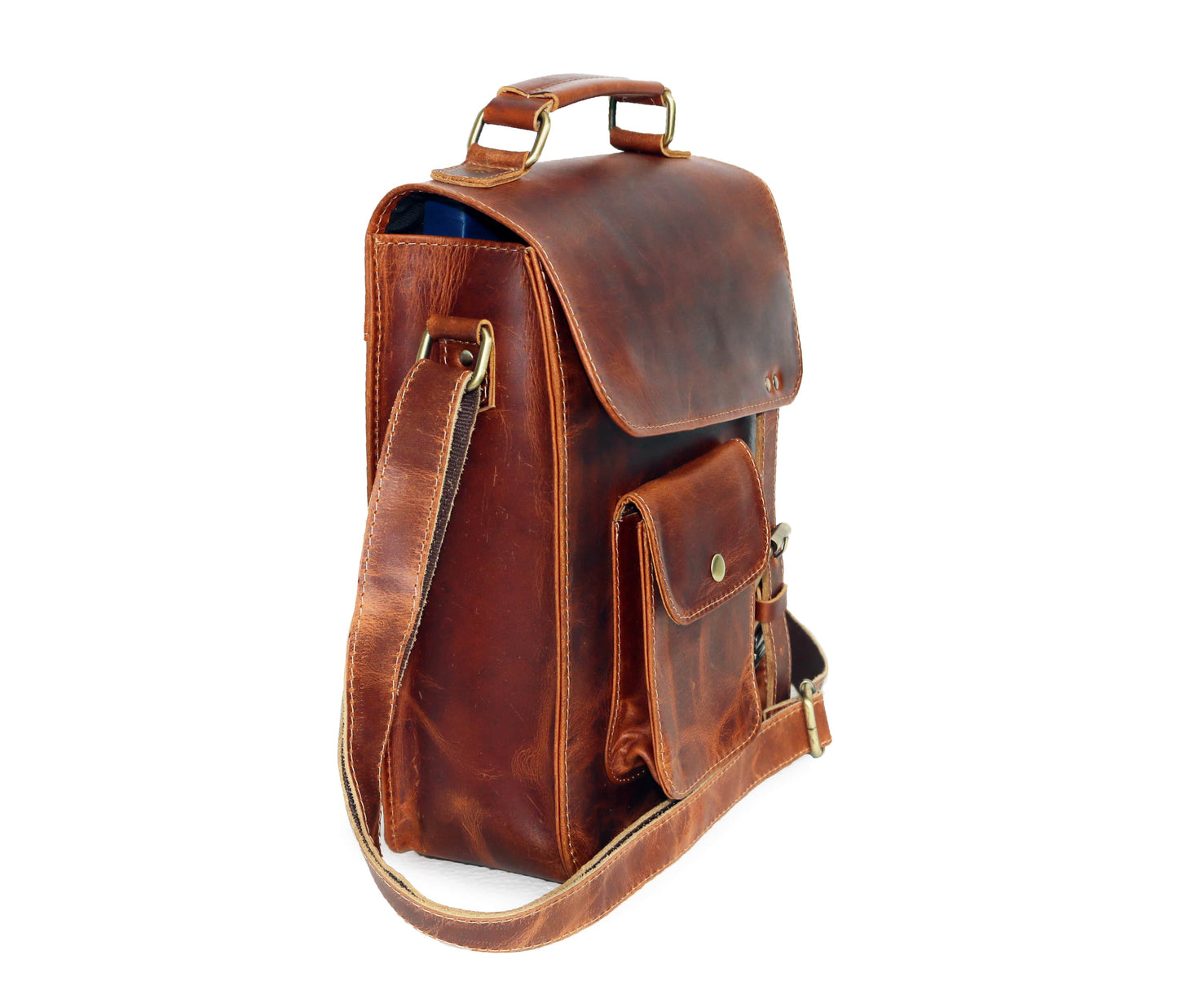 This Side-angle View Showcases The Refined Silhouette Of A Handcrafted Crossbody Bag, Made From Full-grain Buffalo Leather In Rich Tan-brown. Its Sleek, Upright Structure Features Wide Flap Closure, Snap-button Front Pocket, And Brass-finished Adjustable Strap. Blending Style Utility, Piece Is Perfect Personalized Gift For Men Women, Ideal As Graduation Gift, Birthday Or Customized Everyday Essential With Timeless Appeal.