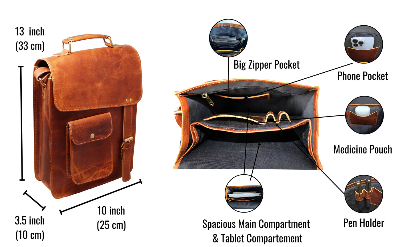 This Angled Flat-lay View Highlights The Refined Craftsmanship And Structured Design Of Leather Crossbody Bag. Its Rich, Distressed Tan Finish Exudes Rugged Yet Sophisticated Charm, While Detailed Stitching Smooth Texture Emphasize Premium Handmade Quality. Image Showcases Front Flap, Snap-button Pocket, Adjustable Strap With Solid Brass Buckle. Gusseted Sides Wide Base Offer Generous Storage—ideal For Tablets, Notebooks, Essentials. A Perfect Personalized Customized Gift Men Women—great As Birthday Gift