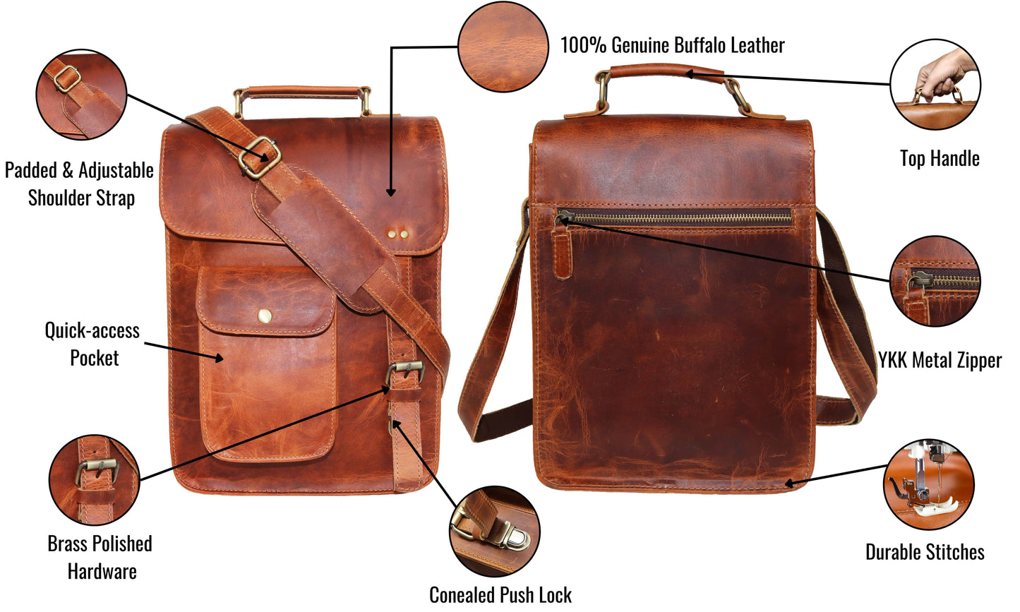This Leather Crossbody Bag Is Meticulously Handcrafted From 100% Genuine Buffalo Leather, Blending Classic Style With Rugged Durability. Designed For Everyday Comfort, It Features A Padded, Adjustable Shoulder Strap And Sturdy Top Handle Versatile Carrying. Polished Brass Hardware Concealed Push-lock Closure Add Sophistication Security. Quick-access Front Pocket Premium Ykk Zipper On The Back, It’s Perfect Personalized Customized Gift Men Women—ideal As Birthday Or Graduation Gift.