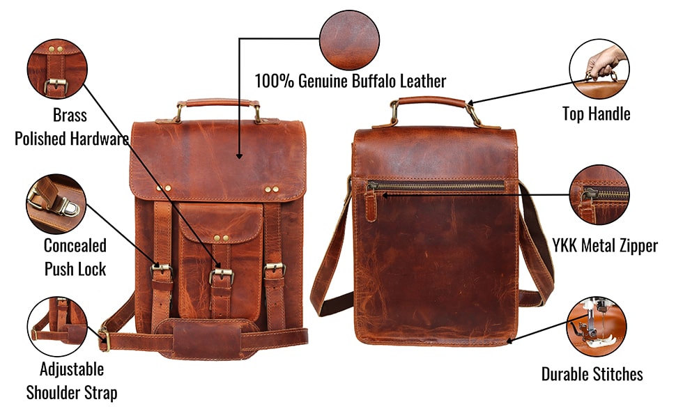 This Image Showcases A Vintage Leather Sling Bag Made From 100% Genuine Buffalo Leather, Combining Durability With Classic Style. It Features Brass-polished Hardware And Concealed Push Lock For Added Security Aesthetic Appeal. An Adjustable Shoulder Strap Ensures Comfort, While Sturdy Top Handle Provides Convenient Carrying. Ykk Metal Zipper On The Back Adds Smooth-access Pocket. Its Rugged Finish Customized Design Make Perfect Personalized Gift Men Women—ideal Birthdays Or Graduations.