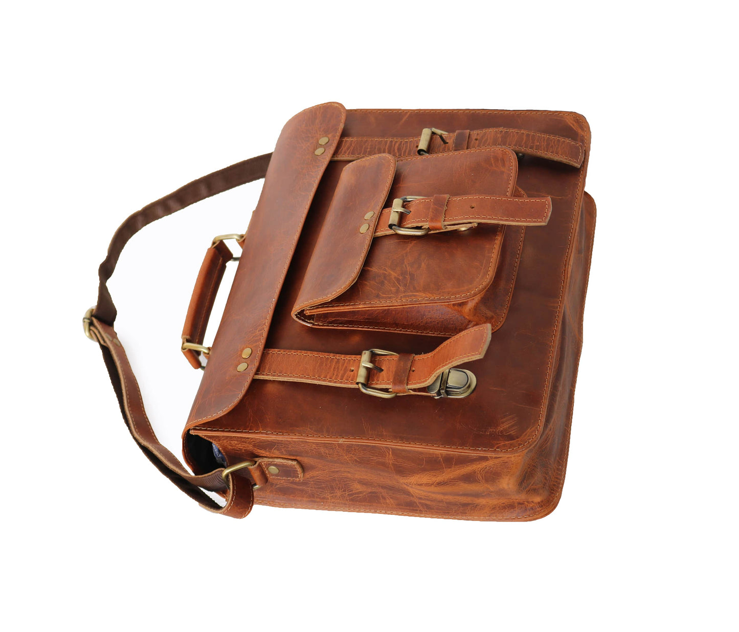 Expertly Handcrafted For The Discerning Professional, This Full-grain Leather Messenger Bag Exudes Vintage Elegance. Captured In A Top-down View, Its Rich Texture, Brass Hardware, And Reinforced Buckled Straps Showcase Premium Craftsmanship. Wide Shoulder Strap Offers Comfortable Carrying, Spacious Interior Fits Laptops, Books, Or Documents. Personalized, Customized Gift Men Women—perfect Birthdays, Graduation Gifts, Stylish Everyday Use, Whether Laid Flat Worn On Go.