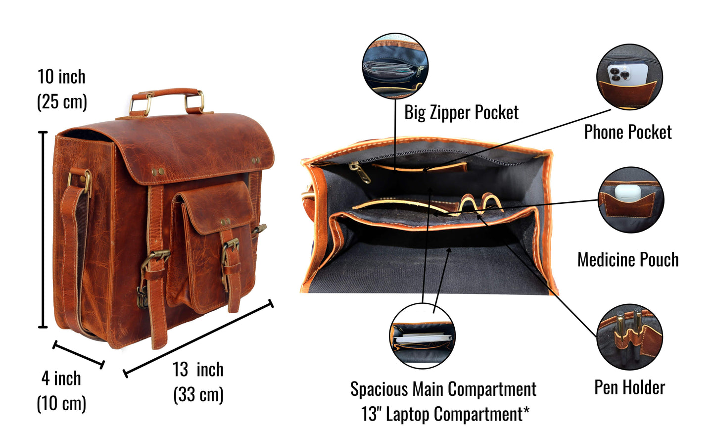 Designed For Functionality And Timeless Appeal, This Handcrafted Leather Messenger Bag Measures 13" × 10" 4"—perfect Everyday Use. The Structured Interior Includes A Laptop Sleeve, Zippered Pocket, Phone Holder, Medicine Pouch, Pen Slots. Made From Premium Full-grain Leather, It's Personalized, Customized Gift Men Women—ideal Birthdays, Graduation Gifts, Or Professionals Seeking Stylish Organization Without Bulk.