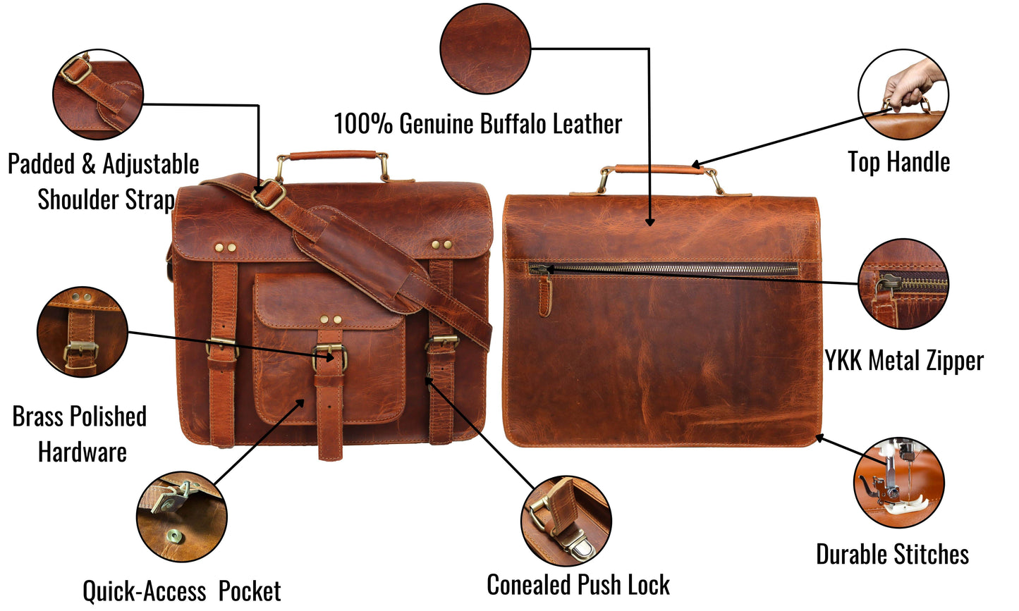 Crafted From 100% Genuine Buffalo Leather, This Premium Messenger Bag Combines Rugged Durability With Refined Craftsmanship For Everyday Excellence. It Features A Padded, Adjustable Shoulder Strap And Sturdy Top Handle Versatile Carry. The Exterior Is Detailed Polished Brass Hardware, Quick-access Front Pocket Concealed Push Lock, Smooth Ykk Metal Zipper At Back Added Security. Reinforced Durable Stitching Finished Rich, Vintage Patina, Leather Satchel Built To Last While Making Bold, Professional Statement