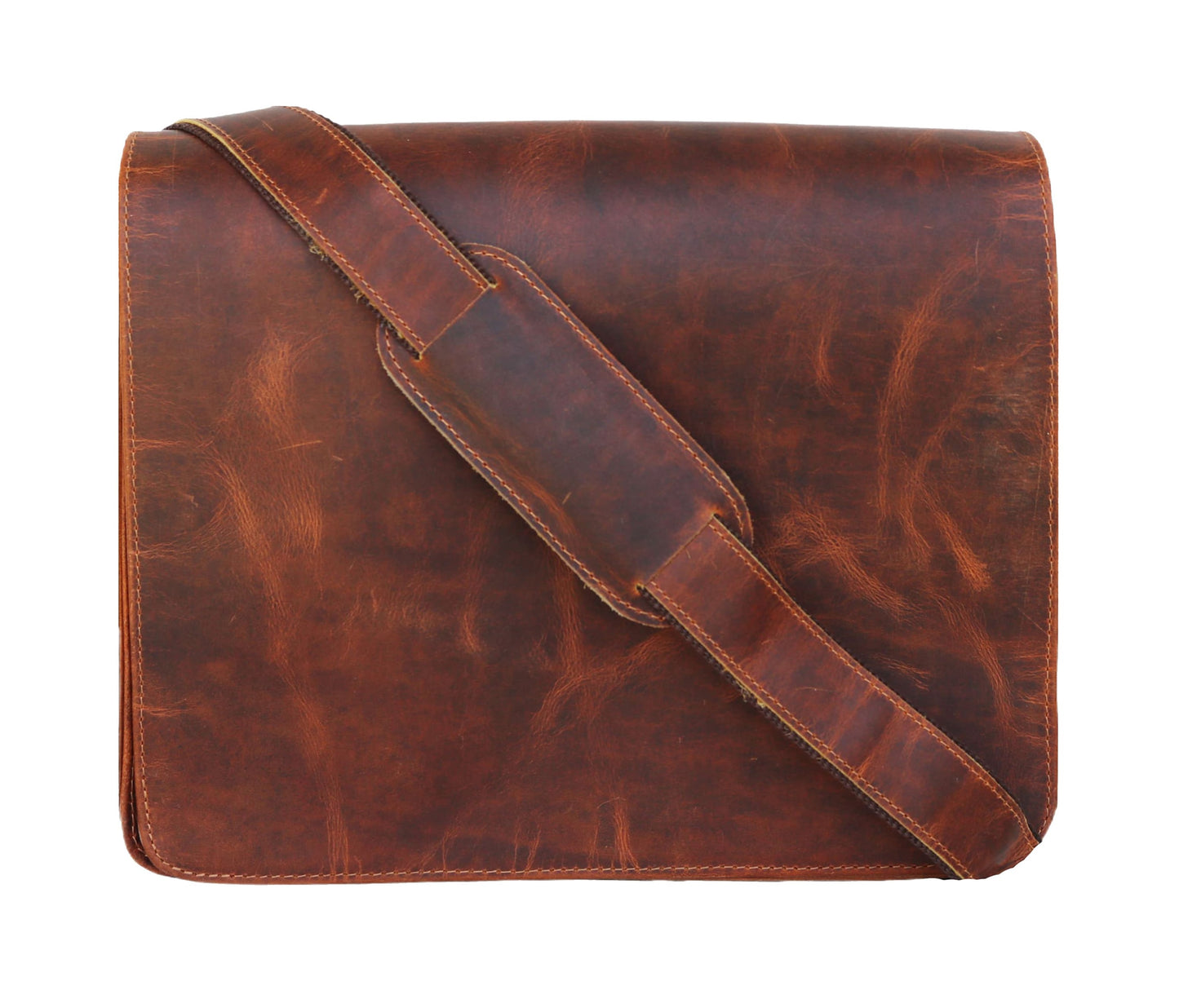 The Front View Of This Personalized Vintage Leather Messenger Bag Showcases A Clean, Minimalistic Design With A Broad, Padded Shoulder Strap Draped Across The Flap. Handcrafted From 100% Genuine Buffalo Leather, It Features A Rich, Distressed Patina That Adds Timeless Charm. This Customized Gift For Men And Women Is Perfect For Daily Use And Makes A Thoughtful Birthday Gift, Graduation Gift, Or Professional Accessory For Those Who Appreciate Elegance And Lasting Utility.