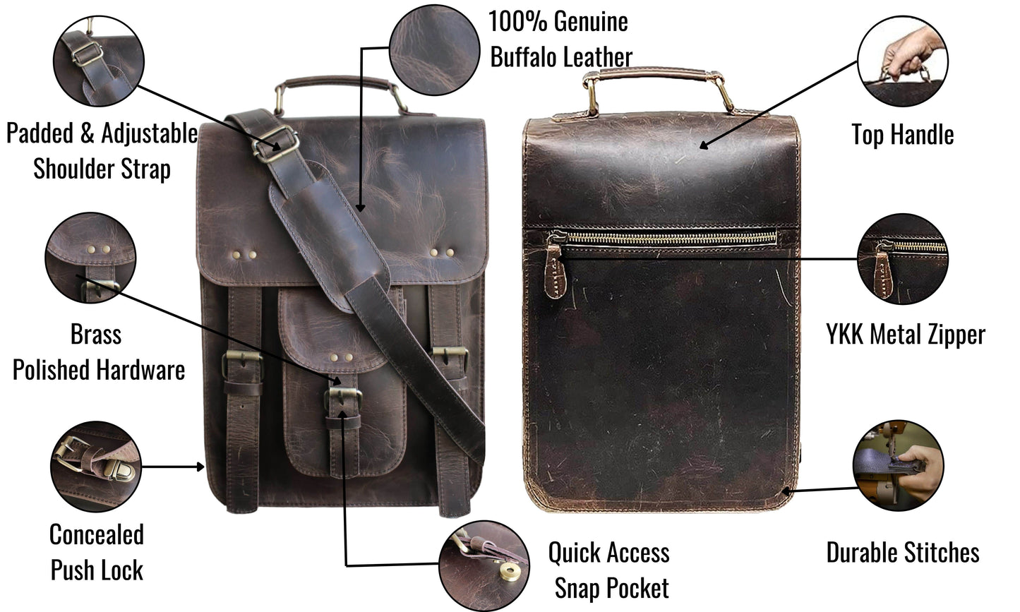 Crafted from 100% genuine buffalo leather, this vintage leather messenger bag blends timeless style with practical function. Designed for men and women, it features a padded, adjustable shoulder strap, sturdy top handle, YKK metal zippers, brass-polished hardware. With concealed push lock front snap pocket, it’s perfect as laptop bag, business satchel, or crossbody work bag. A personalized, customized gift birthdays, graduations, professionals who value durability elegance.