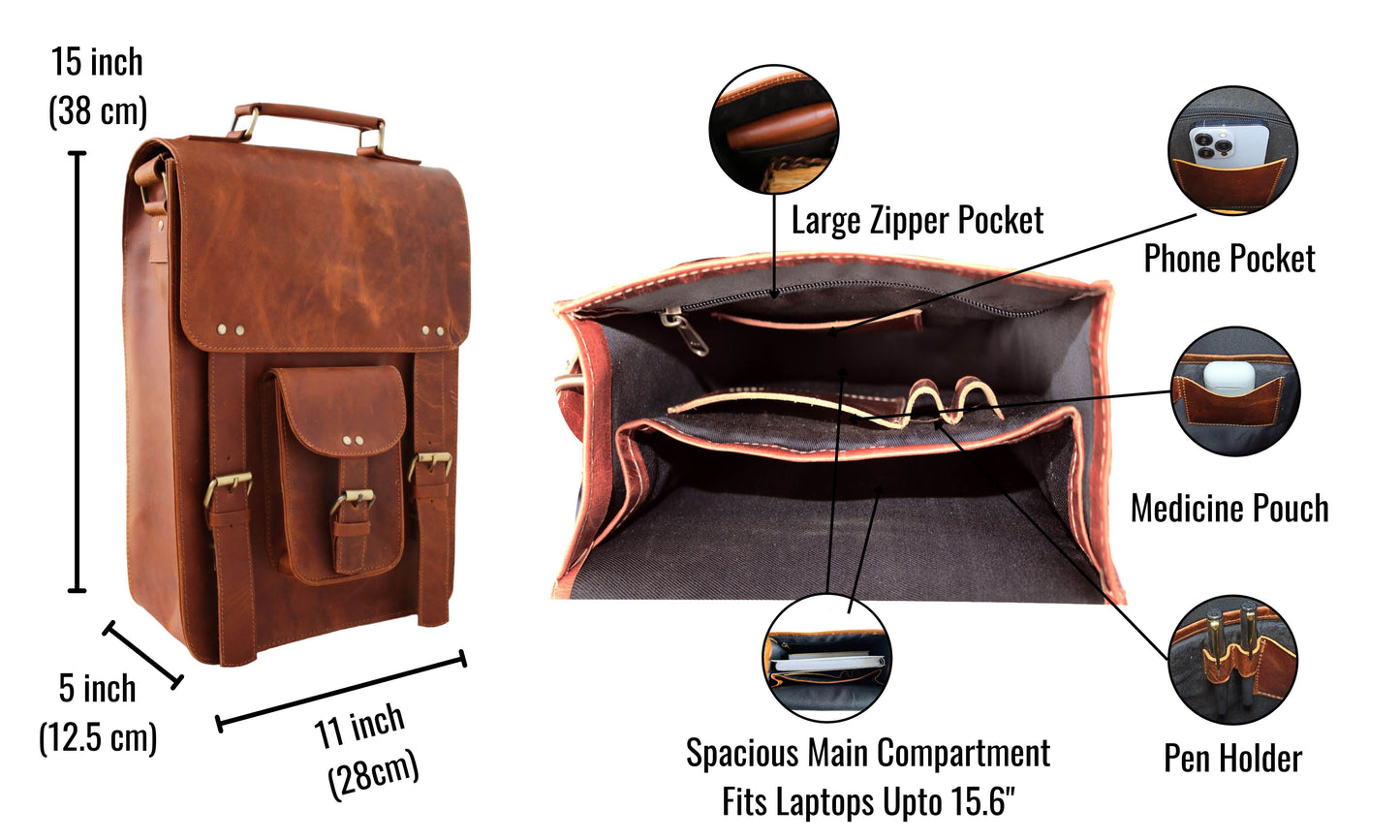 Designed To Blend Timeless Elegance With Practical Utility, This Handcrafted Vertical Leather Messenger Bag Is A Personalized And Customized Gift For Men Women. Measuring 15" X 11" 5" (38 28 12.5 Cm), It Fits Up 15.6" Laptop Includes Large Zipper Pocket, Phone Holder, Medicine Pouch, Pen Slots. Crafted From Premium Full-grain Buffalo Leather, Makes Thoughtful Birthday Gift, Graduation Or Daily Essential.