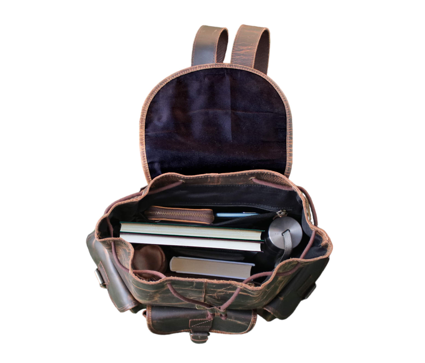 Designed For Discerning Professionals, This Vintage Leather Backpack Perfectly Blends Heritage Craftsmanship With Functional Storage. Handcrafted From Distressed Full-grain Leather, It Opens To Reveal A Deep, Unlined Main Compartment And Secure Inner Zipper Pocket—ideal Storing Essentials Like Your Phone, Wallet, Business Cards, Or Charger. The Drawstring Closure Flap-top Design Buckle Fastening Ensure Belongings Stay Protected—whether You're Commuting, Traveling, Navigating Busy Workday.
