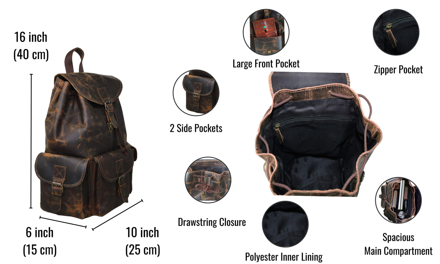 This 16-inch Vintage Leather Backpack Is Crafted From 100% Genuine Buffalo And Designed For Professionals Seeking Both Style Practicality. With A Spacious Main Compartment Multiple Organizational Features—including Large Front Pocket, Two Side Pockets, An Internal Zipper Drawstring Closure—this Rucksack Accommodates Laptops, Notebooks, Tech Accessories, Daily Office Essentials Ease. The Durable Polyester Lining Ensures Long-lasting Use, While Structured Silhouette Maintains Sharp Look Business Or Casual Set