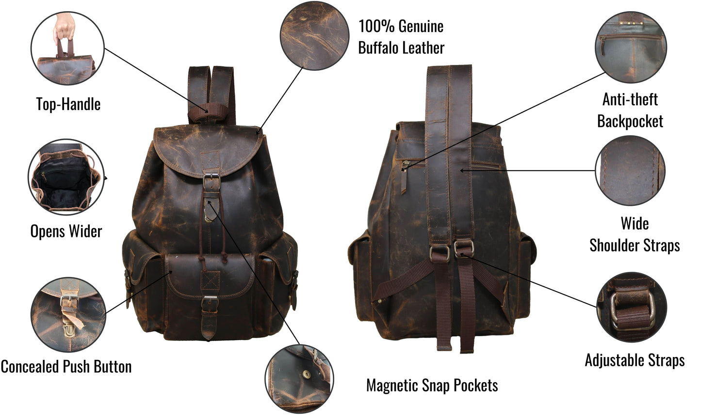 Crafted From 100% Genuine Buffalo Leather, This Vintage-style Backpack Combines Rugged Charm With Refined Utility. A Perfect Personalized Or Customized Gift For Men And Women—ideal As Graduation Gift, Birthday Present, Everyday Companion. Designed Commuters Creatives Alike, It Features Wide-opening Main Compartment, Concealed Push-button Closure, Magnetic Side Pockets, An Anti-theft Back Pocket. Padded Shoulder Straps Ensure Lasting Comfort Work, Travel, Daily Adventures.