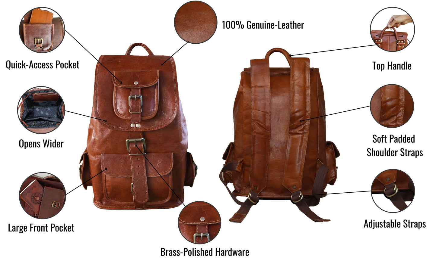 Elevate Your Style With This Premium 100% Genuine Leather Backpack For Men, Crafted In A Rich Brown Hue Natural Grain Texture. Featuring Brass-polished Hardware, Sturdy Top Handle, And Soft Padded Adjustable Shoulder Straps, It Ensures Comfort During Travel, Work, Or Daily Use. The Large Front Pocket Wide-opening Spacious Interior Offer Easy Packing Organization. Ideal As Laptop Bag, Men’s Travel Backpack, College Companion—combining Durability, Elegance, Practical Design One Timeless Piece.