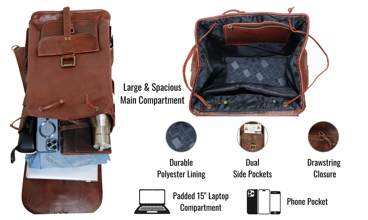 This Vintage Leather Backpack Is A Perfect Personalized Or Customized Gift For Men And Women—ideal As A Graduation Gift, Birthday Gift, Or Travel Essential. Expertly Handcrafted From 100% Genuine Leather, It Features A Spacious Main Compartment, Padded 15" Laptop Sleeve, Phone Pocket, Dual Side Compartments, And A Durable Polyester Lining. The Secure Drawstring Closure And Ergonomic Design Offer Comfort And Style, Making It The Ultimate Blend Of Rugged Elegance And Practical Functionality.