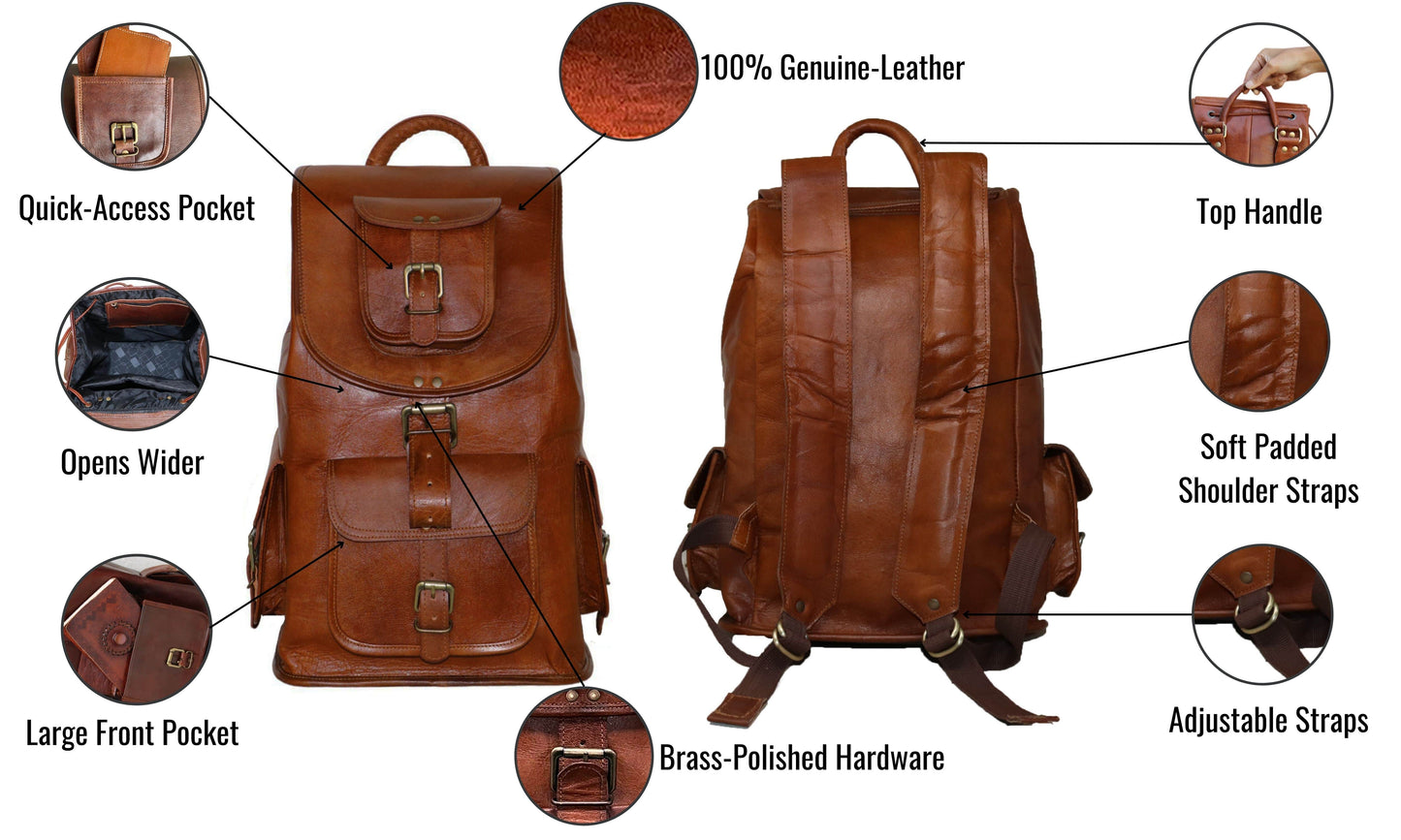 This Handcrafted Leather Backpack Is Made From 100% Genuine And Built For Durability, Function, Timeless Style. Featuring Quick-access Large Front Pockets, A Wide-opening Top, Brass-polished Hardware, It Combines Rugged Charm With Everyday Convenience. The Soft Padded Shoulder Straps, Top Handle, Adjustable Straps Offer Comfortable Wear Travel, School, Or Work. Its Classic Flap Design Vintage Look, Rucksack Perfect Men Seeking Stylish, Durable, Functional Backpack.