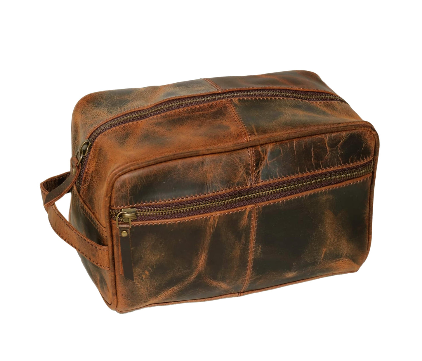 Handmade Leather Travel Pouch Crafted From Premium Distressed For A Rugged Yet Refined Look. It Features Spacious Main Compartment And Front Zip Pocket Organizing Grooming Tools, Skincare, Essentials. With Sturdy Side Strap, It’s Perfect Travel. This Durable Unisex Toiletry Case Doubles As Cosmetic Or Hygiene Bag—an Ideal Personalized Birthday Gift, Graduation Customized Gift Men Women Who Value Style Function.