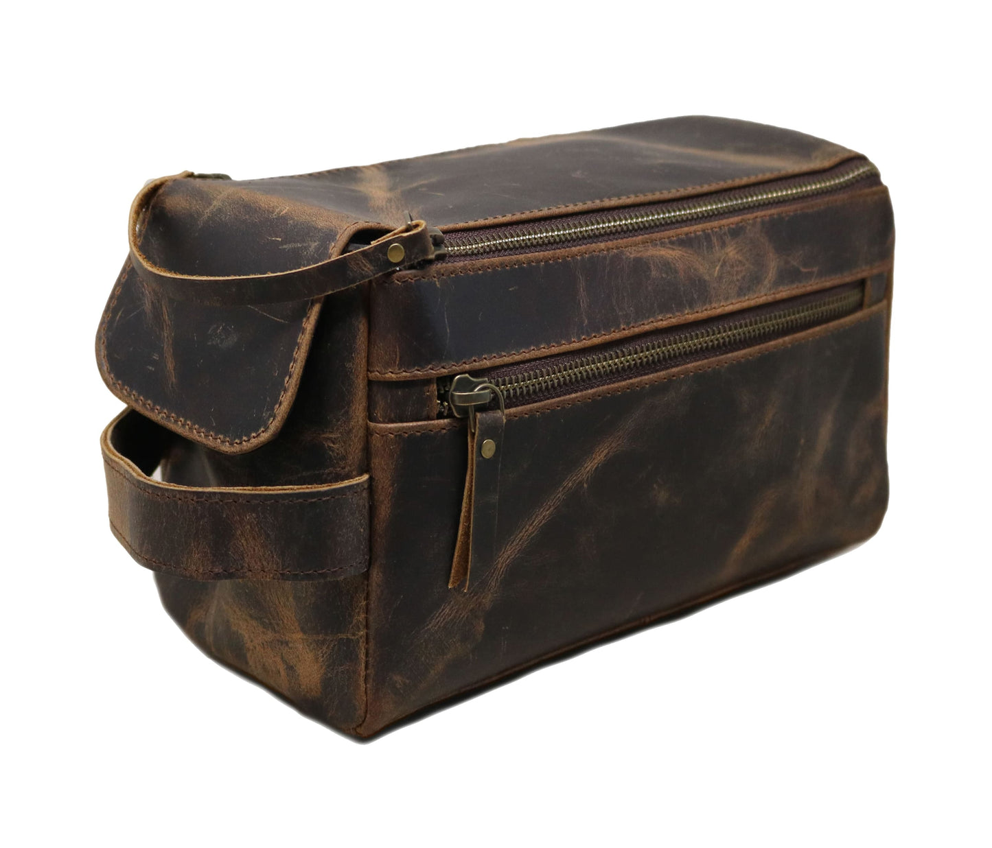 This brown leather toiletry bag features a smooth zipper closure and a detachable strap for versatile carrying. Handcrafted from premium genuine leather, it’s perfect for storing grooming essentials, shaving gear, and travel toiletries. Compact yet spacious, it fits easily into luggage or backpacks. Ideal for business trips or vacations, it makes a thoughtful personalized birthday gift, graduation gift, or customized gift for men and women who appreciate classic style and function.
