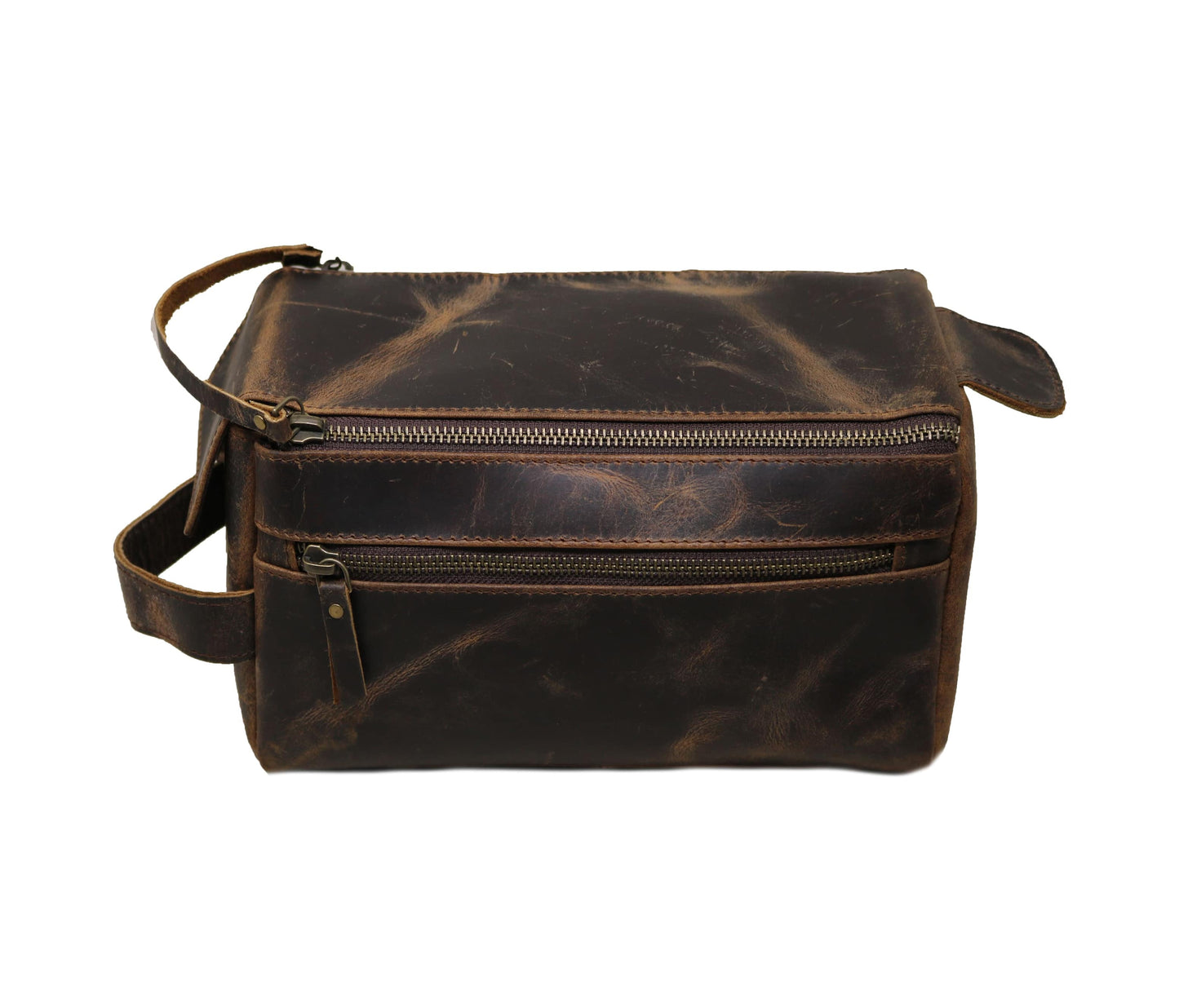 This vintage-style grooming organizer is expertly crafted from premium leather for timeless appeal. Compact yet spacious, it features a smooth zip closure, exterior pocket, and sturdy handle for easy portability. Ideal for shaving gear, skincare, or cosmetics, it's perfect for travel or daily use. This handmade toiletry bag makes a thoughtful personalized birthday gift, graduation gift, or customized gift for men and women—the ultimate dopp kit for stylish USA adventurers.