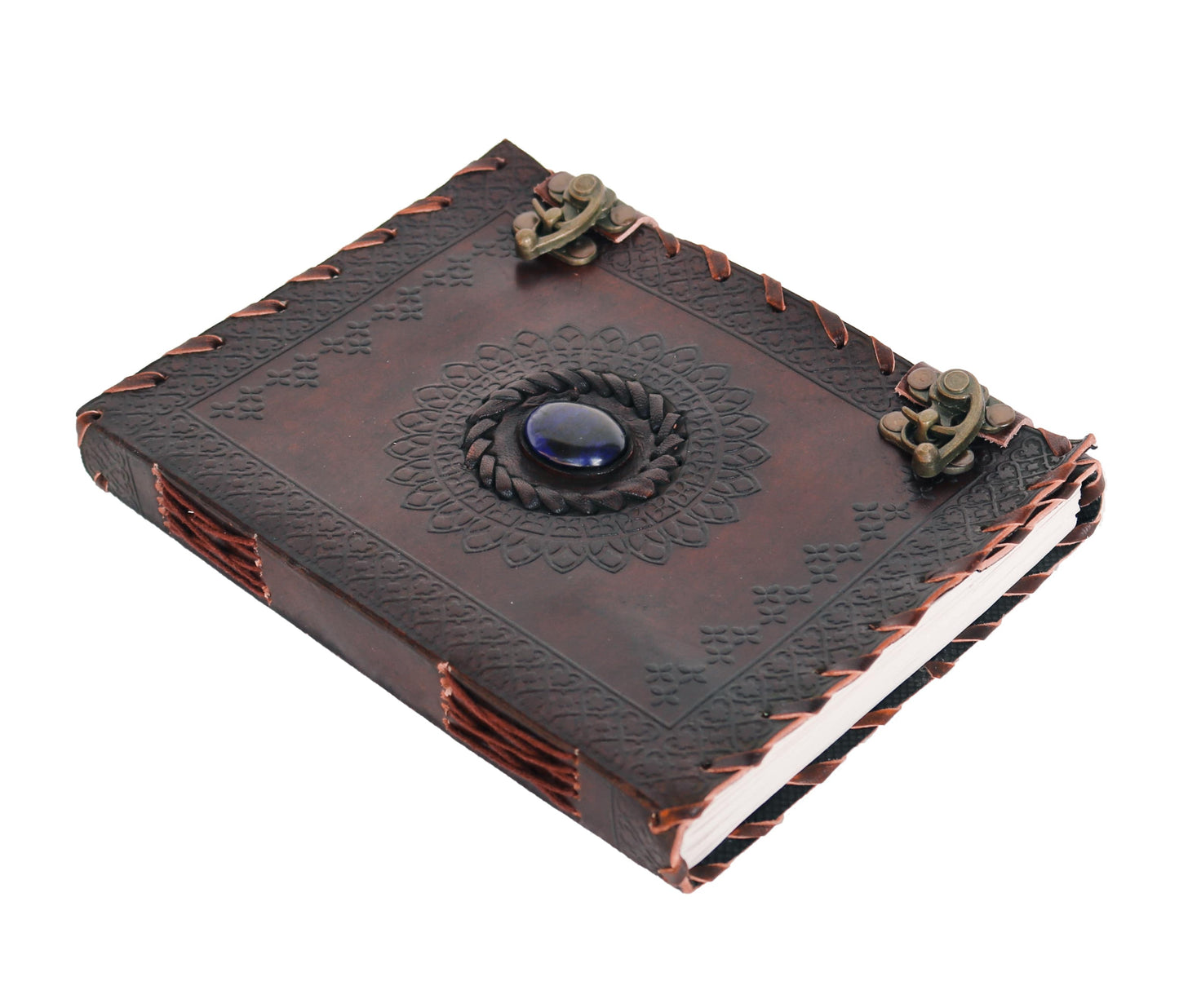 Elegantly Handcrafted From Premium Full-grain Leather, This Vintage Journal Features A Mesmerizing Lapis Lazuli Gemstone And Richly Embossed Mandala, Symbolizing Wisdom Creativity. With Durable Coptic Binding For Flat-lay Use, Antique Brass Lock Clasps, Hand-stitched Edges, It’s Ideal Writing Or Sketching. Thoughtful, Personalized Gift Men Women—perfect Birthdays, Graduations, Spiritual Occasions. Customize It To Create Timeless Keepsake Filled Purpose Charm