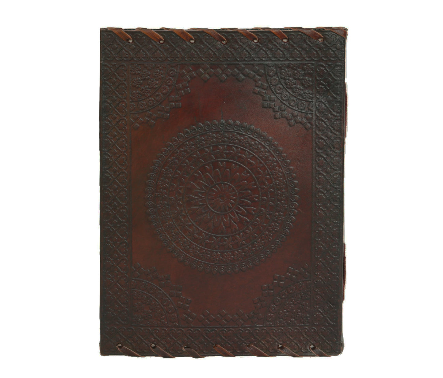 This Image Showcases A Handcrafted Leather Journal Featuring An Intricately Embossed Mandala Design On Its Front Cover. The Deep Brown Is Bordered With Detailed Patterns And Reinforced Sturdy Stitching, Giving It Vintage, Artisanal Charm. Reflects Traditional Craftsmanship, Making Not Only Writing Tool But Also Piece Of Art. Ideal For Journaling, Sketching, Or Gifting, Combines Aesthetic Appeal Durable Construction, Perfect Preserving Thoughts, Ideas