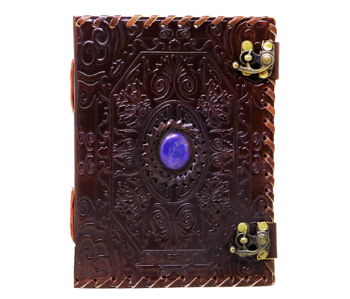 This Ornate Handcrafted Leather Journal Features An Intricate Floral And Swirl Embossing, Centered With A Striking Purple Stone Encased In Decorative Circular Motif—adding Mystical, Regal Charm. The Deep Brown Cover Is Secured By Two Vintage-style Brass Latches For Added Elegance Function. Hand-stitched Edges Carved Detailing, It's Personalized, Customizable Gift—perfect Journaling, Sketching, Or Gifting As Timeless Piece Of Functional Art.