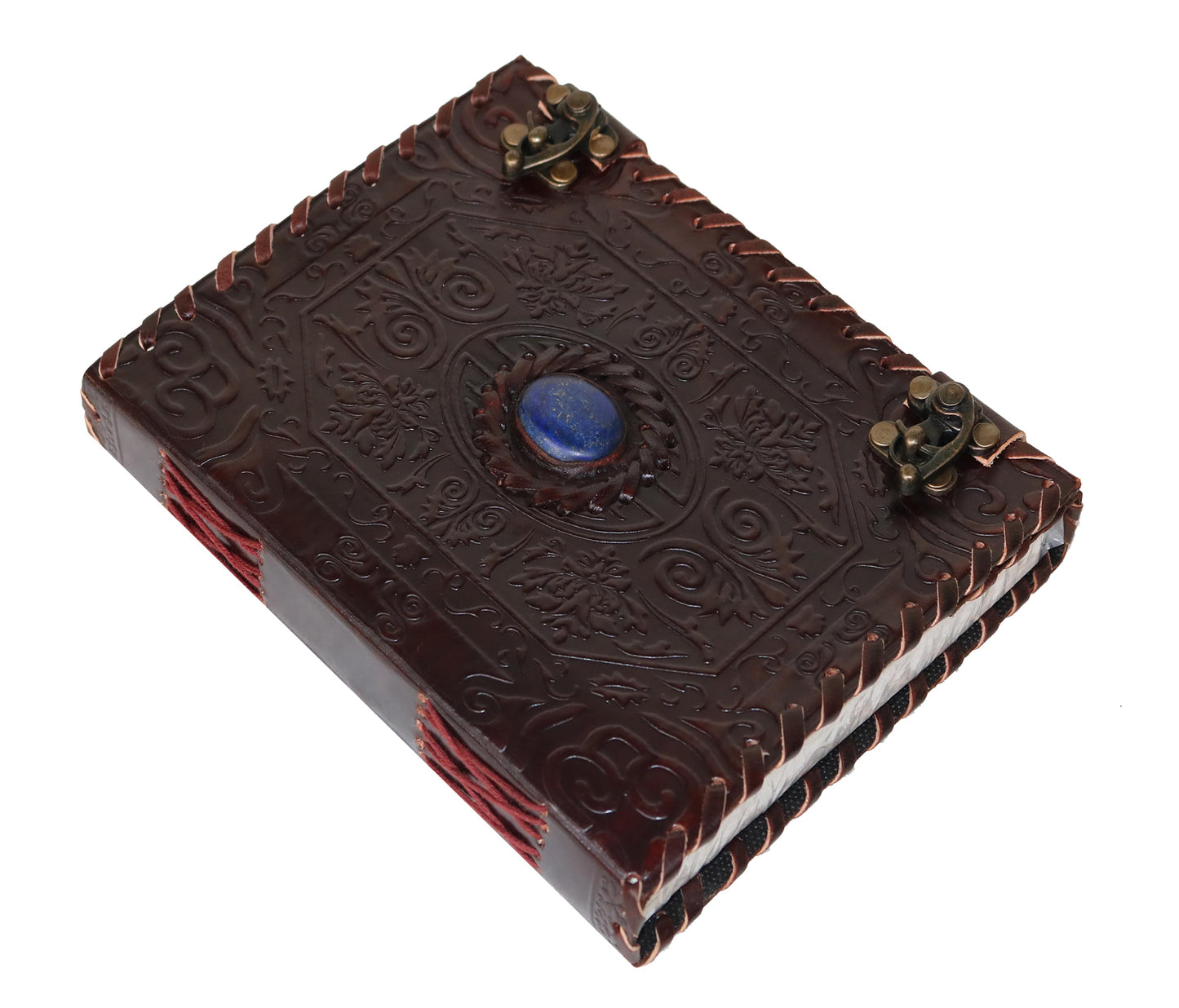 This Finely Handcrafted Leather Journal Features A Richly Embossed Dark Brown Cover With Ornate Floral And Geometric Patterns, Framing Striking Central Blue Stone. Scalloped Edges Red Cross-stitching Along The Spine Add Artisanal Flair Contrast. Secured By Two Vintage-style Brass Latches, It Blends Function Antique Elegance. Customizable, Personalized Gift—perfect For Writers, Artists, Or Collectors Seeking Timeless, Treasure Full Of Creative Symbolic Charm.