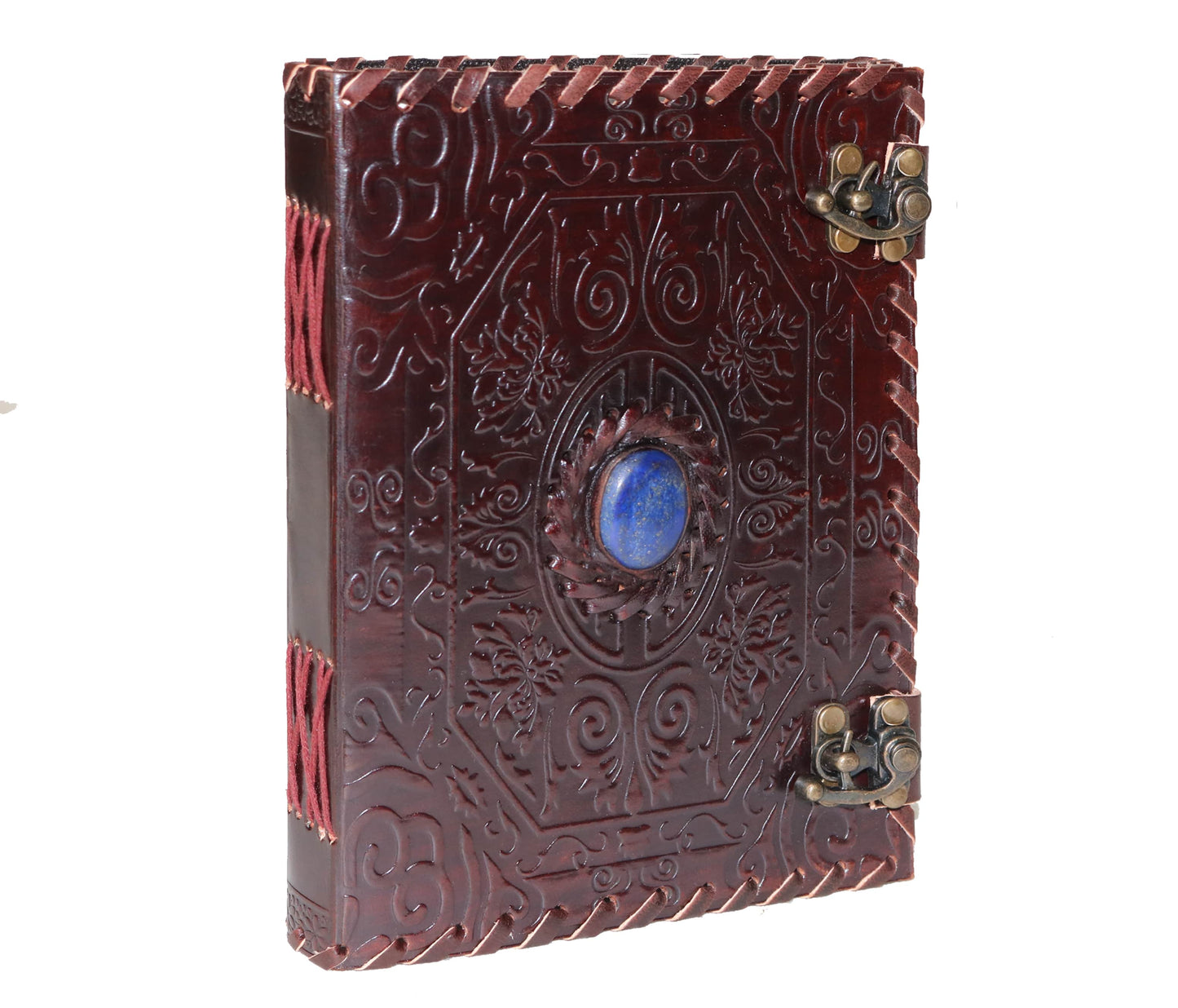 This Side-angled View Reveals The Exquisite Craftsmanship Of A Handcrafted Leather Journal Made From Rich, Glossy Dark Brown Leather. Intricately Embossed With Floral Swirls, It Features Vibrant Blue Stone Set In An Ornate Circular Frame. Two Antique Brass Latches Provide Secure Closure, While Red Cross-stitching Along Spine Adds Rustic Charm. Personalized, Customizable Gift—ideal For Writers, Artists, Or Collectors Seeking Elegance, Creativity, And Timeless Character One Journal.
