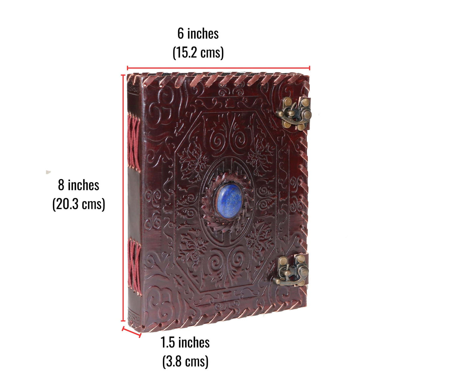 This Beautifully Handcrafted Leather Journal Measures 6 X 8 1.5 Inches (15.2 20.3 3.8 Cm) And Features An Ornate Brown Cover Embossed With Intricate Patterns. A Striking Blue Stone Centerpiece Red Hand-stitched Spine Add Elegance Charm. Secured By Two Antique Brass Latches, It’s Ideal For Travel Journaling, Sketching, Or Note-taking. Meaningful, Customizable Gift Artists, Writers, Anyone Who Values Craftsmanship Creative Inspiration.