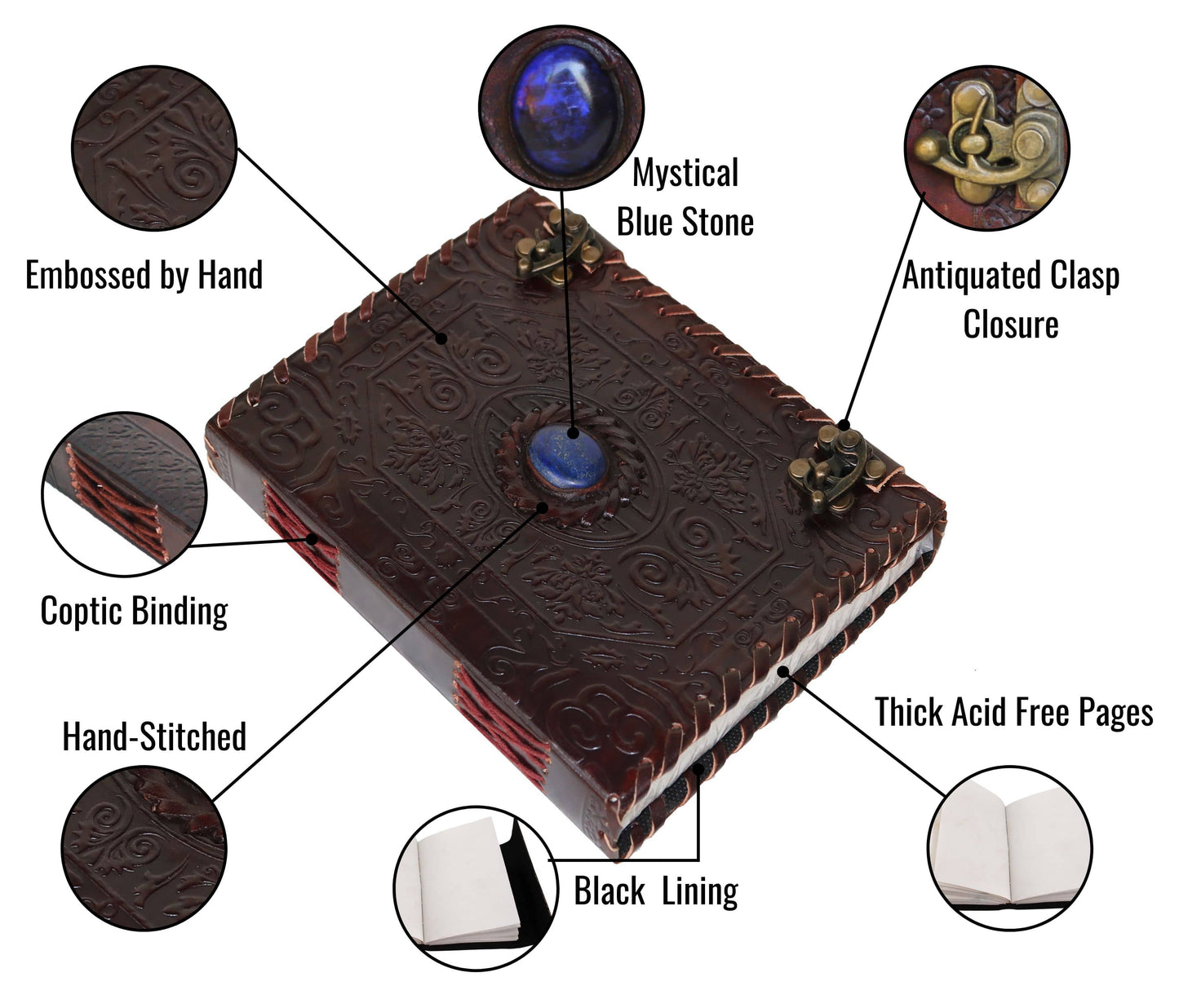 This Handcrafted Leather Journal Features A Mystical Blue Stone At Its Center, Surrounded By Intricately Hand-embossed Patterns. Secured With Antiqued Brass Clasps, It Opens Flat Thanks To Durable Coptic Binding. Inside, Thick Acid-free Pages And Sleek Black Lining Preserve Your Thoughts Artwork. Expert Hand-stitching Ensures Both Elegance Strength. Timeless, Customizable Gift—perfect For Writers, Artists, Or Loved Ones Who Appreciate Meaningful Design Lasting Craftsmanship.