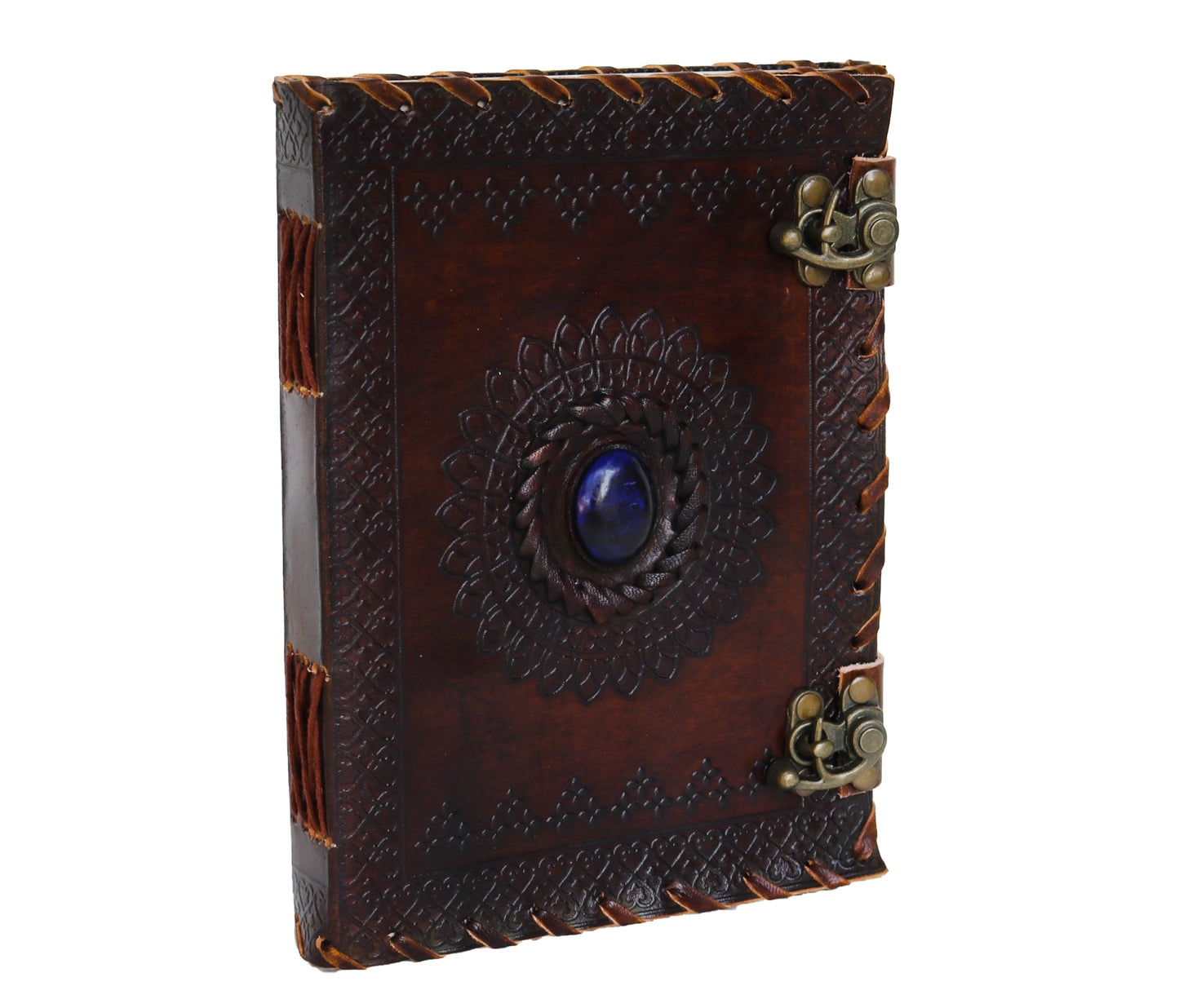 This Handcrafted Leather Journal Features A Deeply Embossed Mandala Centered With A Genuine Lapis Lazuli Gemstone, Exuding Spiritual Elegance. With Antique Brass Locks And Durable Coptic Stitching, It's Both Secure And Functional. The Rich Mahogany Tone And Detailed Edges Make It Perfect For Writing, Sketching, Or Reflection. A Meaningful, Personalized Gift For Men And Women—ideal As A Birthday, Graduation, Or Customized Spiritual Gift For Someone Special.