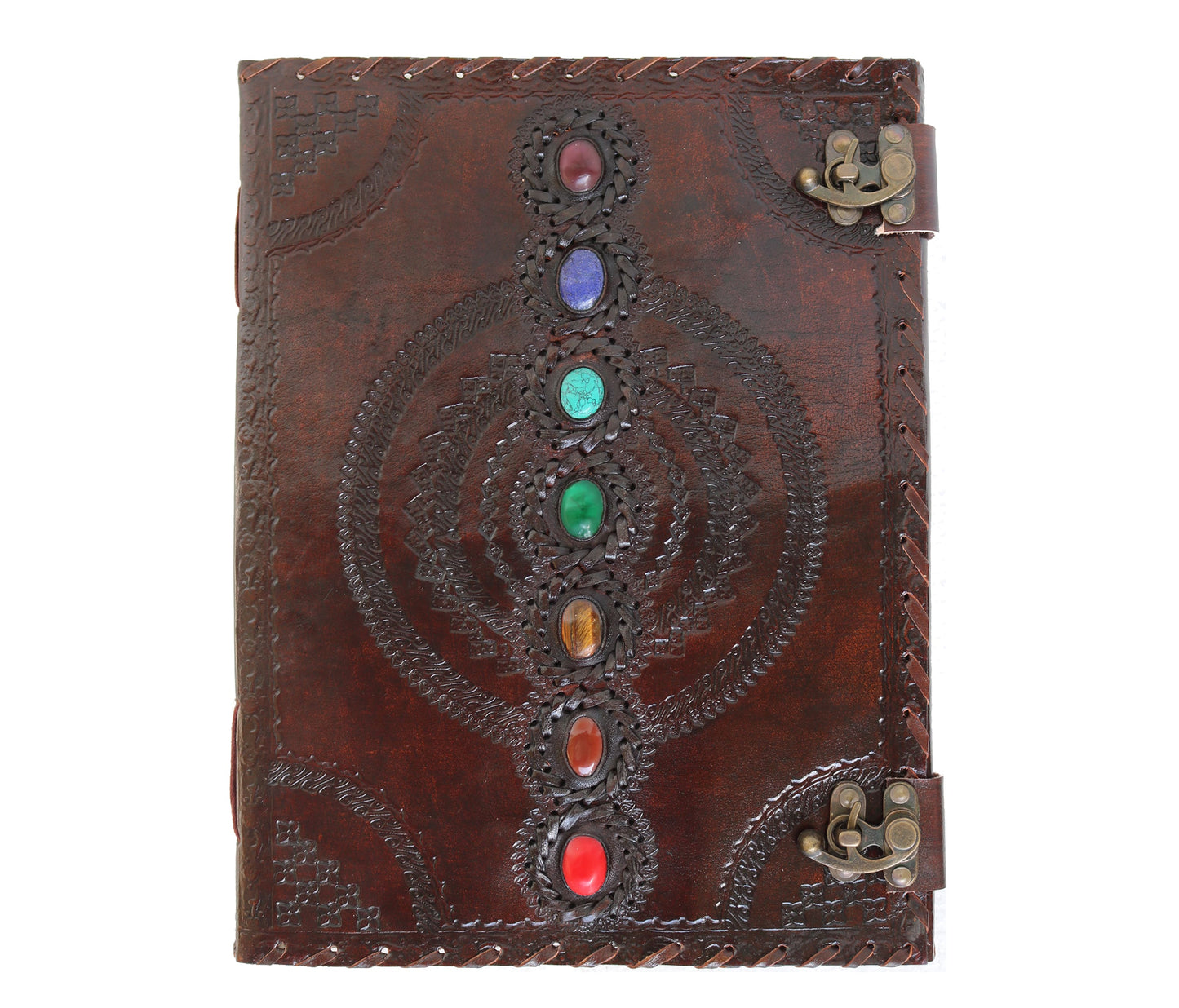This image features a beautifully handcrafted leather chakra journal adorned with seven vibrant gemstones, each symbolizing a chakra. Intricate hand-embossed patterns and dual antiquated metal clasps add mystical, vintage charm. Ideal as a personalized spiritual diary, yoga journal, meditation log, or customized Wiccan grimoire, it blends healing energy with artisan craftsmanship. A rich brown finish and gemstone inlay make it both functional and decorative—a perfect birthday or graduation gift for men