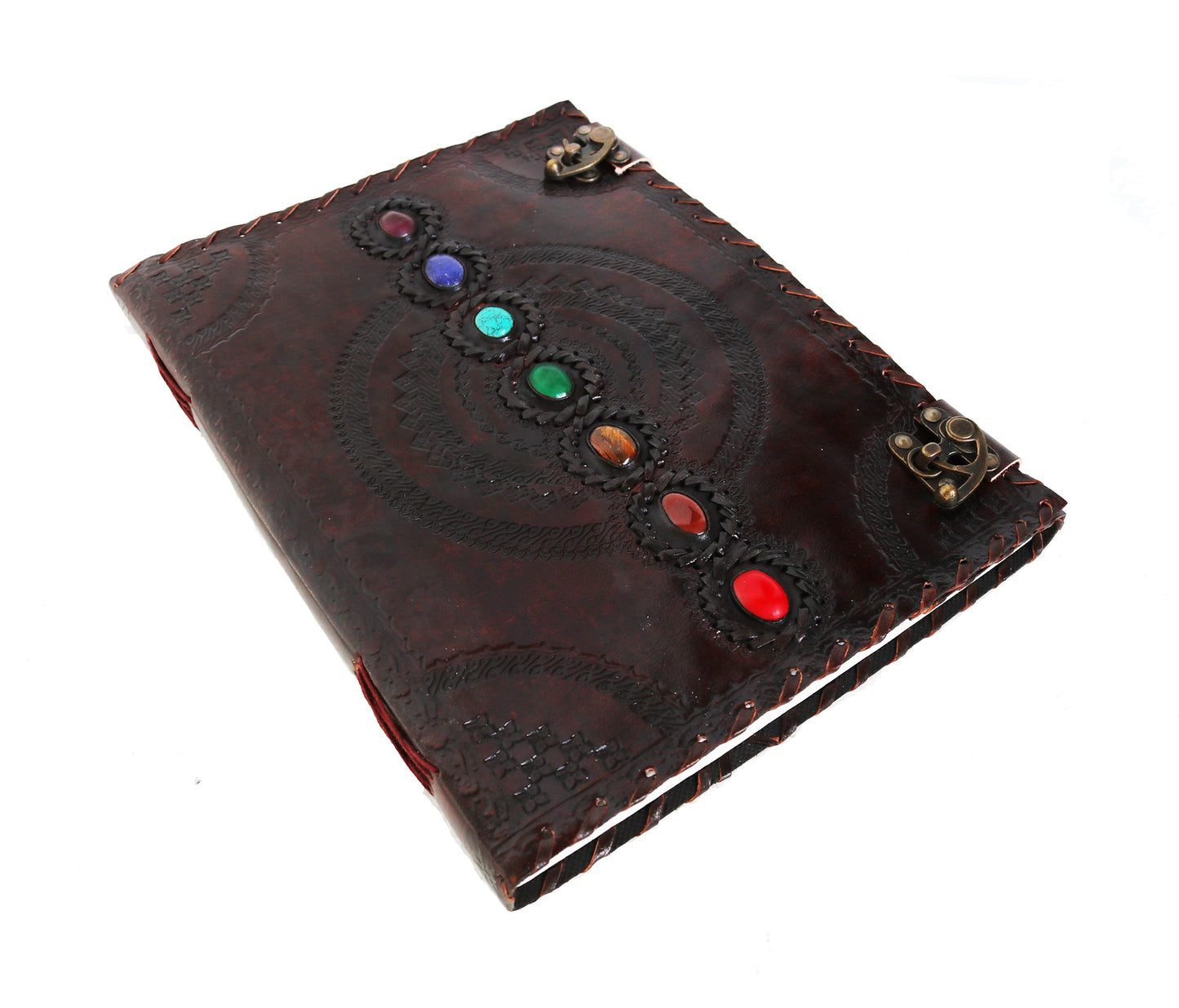 This Handcrafted Leather Chakra Journal Features Seven Healing Stones Aligned To Activate And Balance The Chakras. Set Against Rich, Hand-embossed With Sacred Geometric Patterns Dual Antique Brass Clasps, It Exudes Vintage Charm. Ideal For Wiccan Spells, Reiki Notes, Or Yoga Reflections, Personalized Diary Is A Powerful, Customized Birthday Gift, Graduation Spiritual Gift Men Women—perfect Witches, Energy Healers, Mindfulness Practitioners