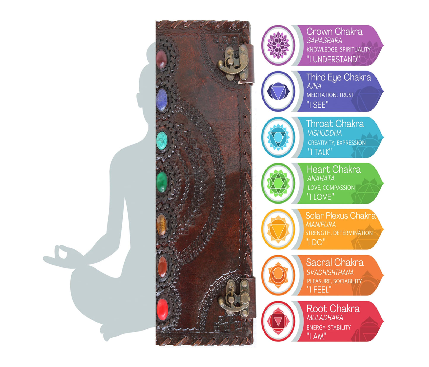 Align Your Energy With This Handcrafted Chakra Leather Journal Featuring Seven Vibrant Stones—from Root To Crown—each Symbolizing Balance, Healing, And Inner Peace. Made From Premium Hand-stitched Detailing Vintage Clasp Closures, It Includes Acid-free Pages Ideal For Journaling, Affirmations, Or Tarot Notes. Personalized, Customized Diary Is A Sacred Writing Companion Meaningful Birthday Gift, Graduation Spiritual Gift Men Women On Mindful Journey.